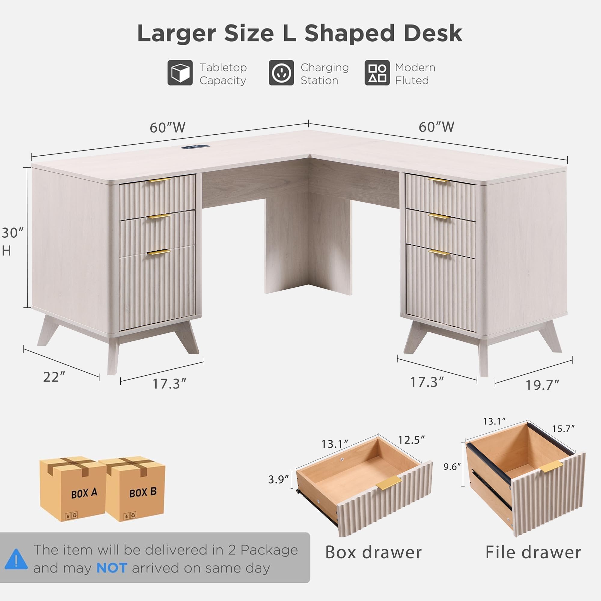 T4TREAM 60'' Fluted Executive L Shaped Desk, Modern Home Office Desk with Charging Station and File Drawer, Computer Corner Desks with Drawers & Storage Cabinet for Office Home, Bedroom,