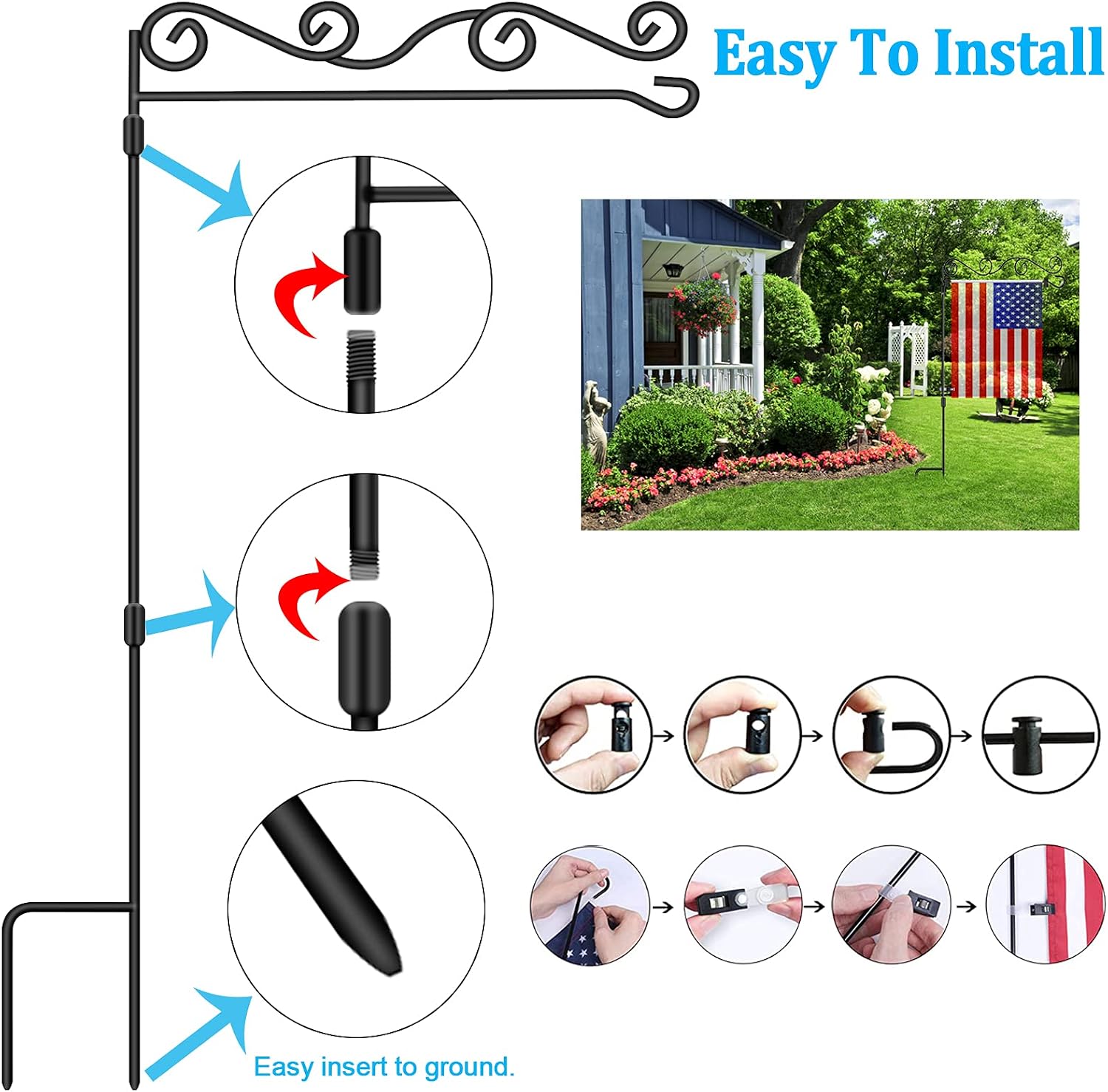 Garden Flag Pole Stand Holders, BONWIN Thickened Flagpole Stands for Garden Yard Lawn Flags, Powder Coated Weather-Proof Paint Metal with Spring Stoppers & Anti-Wind Clip, 36.34" H x 16.02" W (2 PACK)
