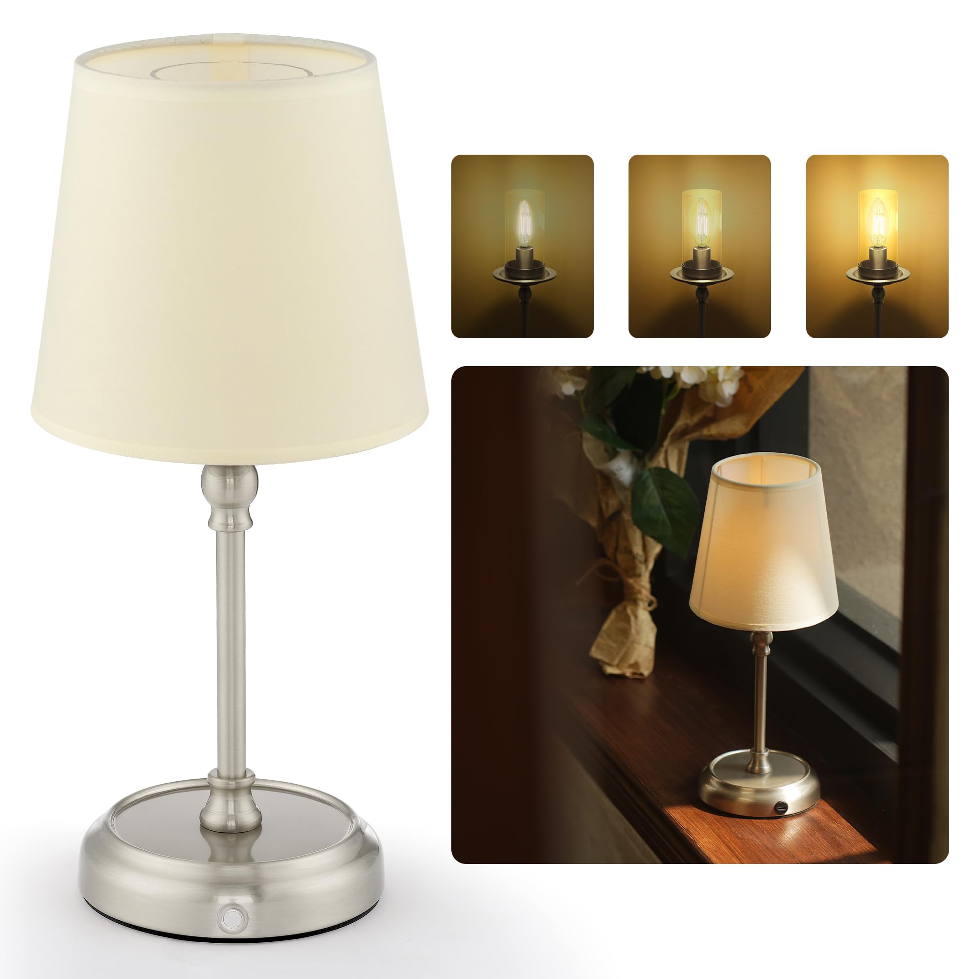LuminexDesigns Bed Lamps Battery Wireless Table Lamps 5200 mAh for Living Room with Bulb Included Dimmable Table Lamp 3-in-1 Lampshade for Bedroom Dining Room Home Decor Silver