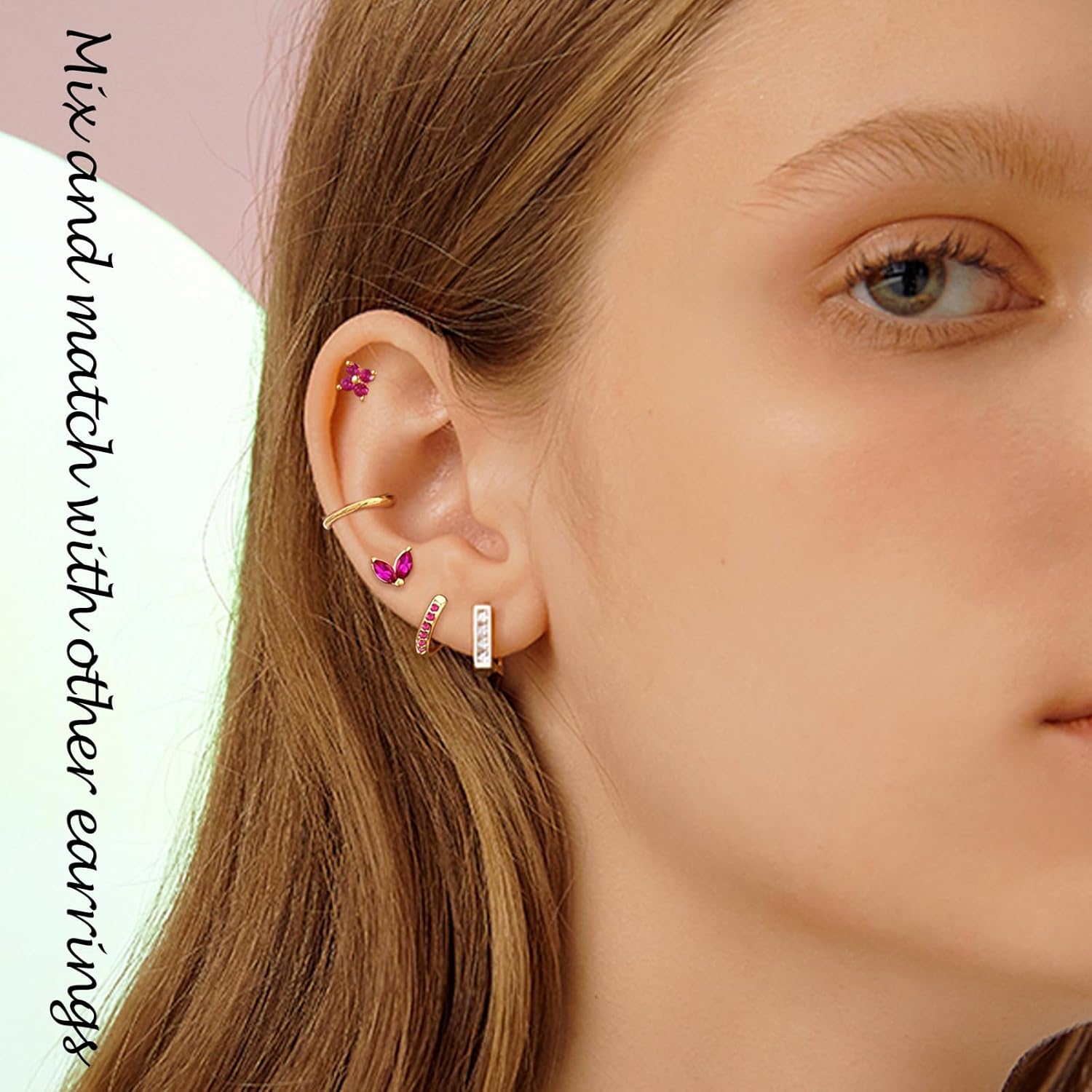 Earring Sets for Multiple Piercing Small Gold Earring Stack 14K Gold/Silver Plated Huggie Hoop Earrings for Women Hypoallergenic Cartilage Stud Gold and Green Earring Set - Image 3