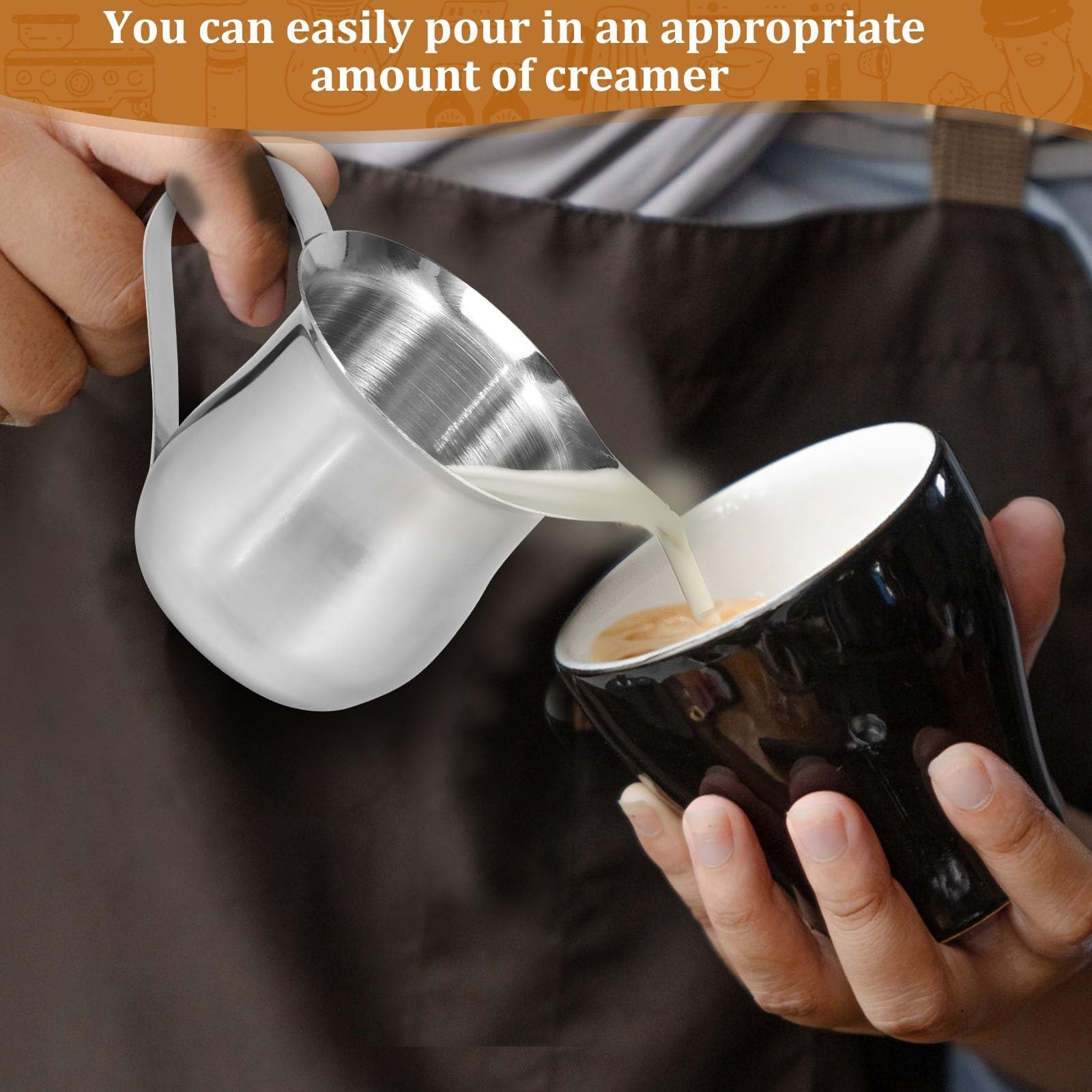 1/6 Uds cremas con mango, jarra de crema acero inoxidable espuma leche a prueba herrumbre taza para Arte de Café(90ml 6pcs)
