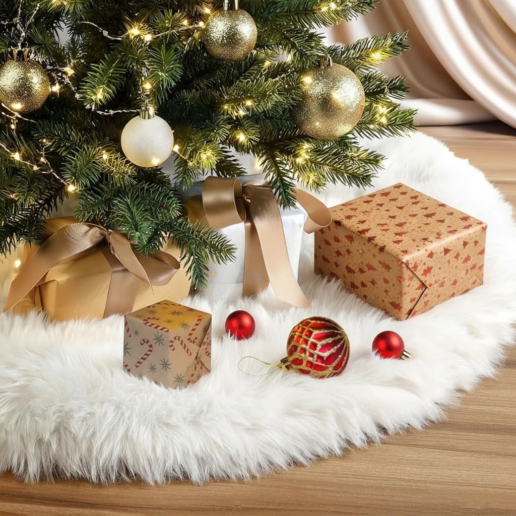 Yzmml White Faux Fur Christmas Tree Skirt,48 Inch Double Layer Fluffy Xmas Tree Mat For Christmas New Year Decor