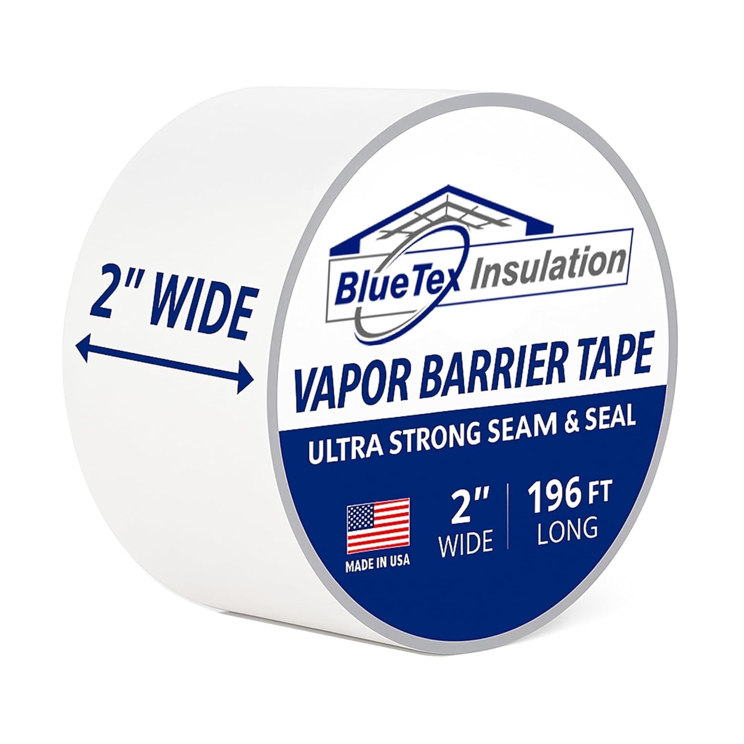BlueTex Insulationㅤ 2” Wide x 196′ Long White Vapor Barrier Tape – for Garage Door Insulation, Crawlspaces, Repair, Underlayment Seams, Metal Building Insulation Seams – 1 Roll