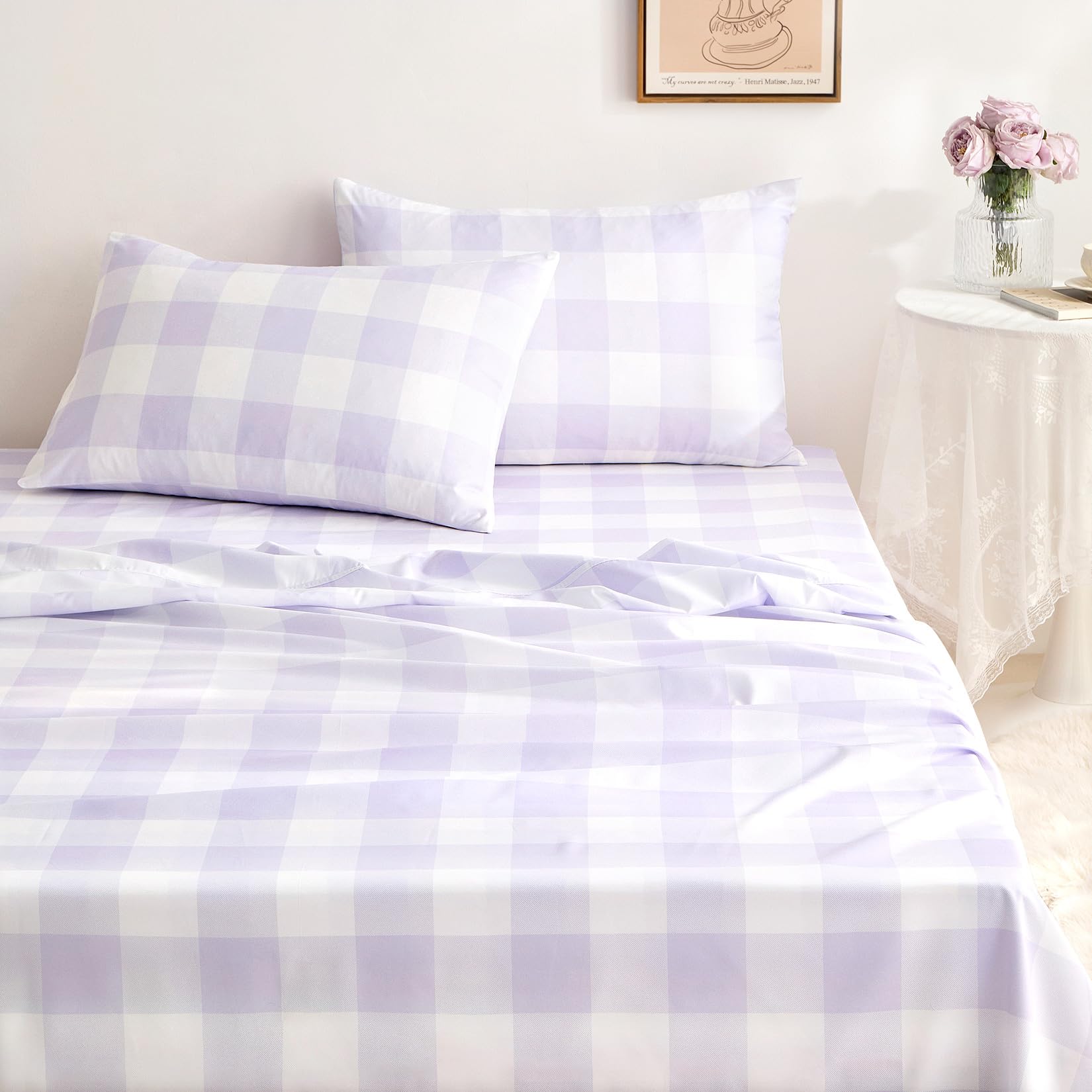 Wake In Cloud Gingham Bed Sheets, 4-Piece Sheet Set, Cute Plaid Buffalo Check Checker Geometric Aesthetic Bedding, Deep Pocket, Light Purple, Full Size
