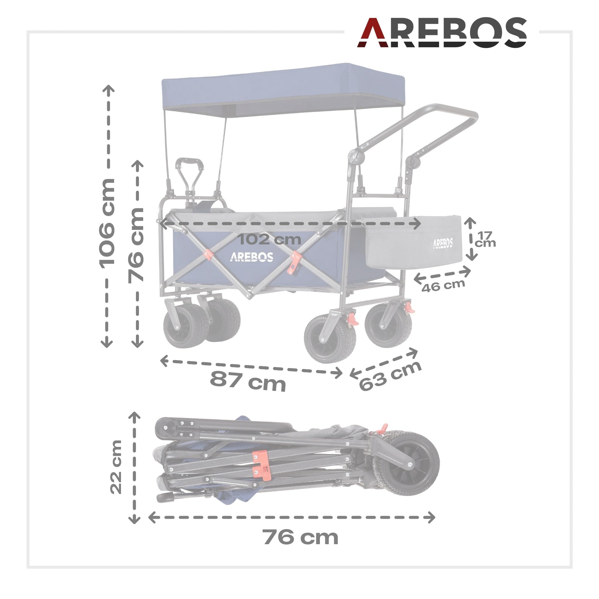Arebos Bollerwagen faltbar mit Dach | Luxus Handwagen | Faltwagen | Transportwagen | XXL Tasche | klappbar | bis 100 kg | Gerätewagen | 360° Vorderräder | Blau