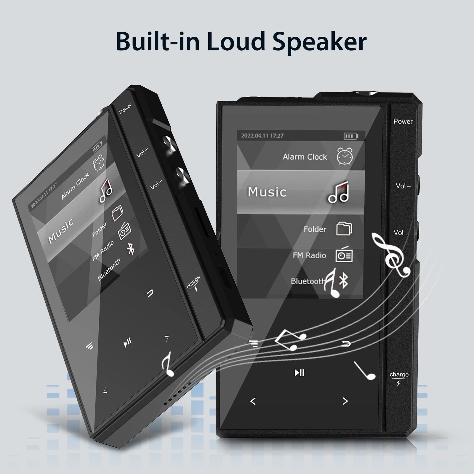 MP3-Player mit 90 Stunden Akkulaufzeit, Bluetooth 5.0, Phinitec Z6 Digital Audio Player mit Robustem und Langlebigem Metallgehäuse, 2,4 Zoll IPS Glasdisplay (Schwarz, 96, GB)