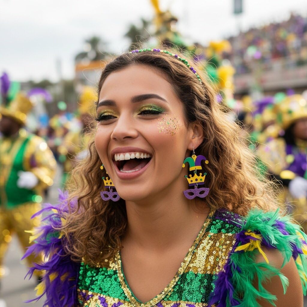 Mardi Gras Dangle Earrings for Women Colorful Glitter Acrylic Carnival Theme Crown Mask Hat Pendant Earrings Mardi Gras Party Jewelry Accessories for Women - Image 4