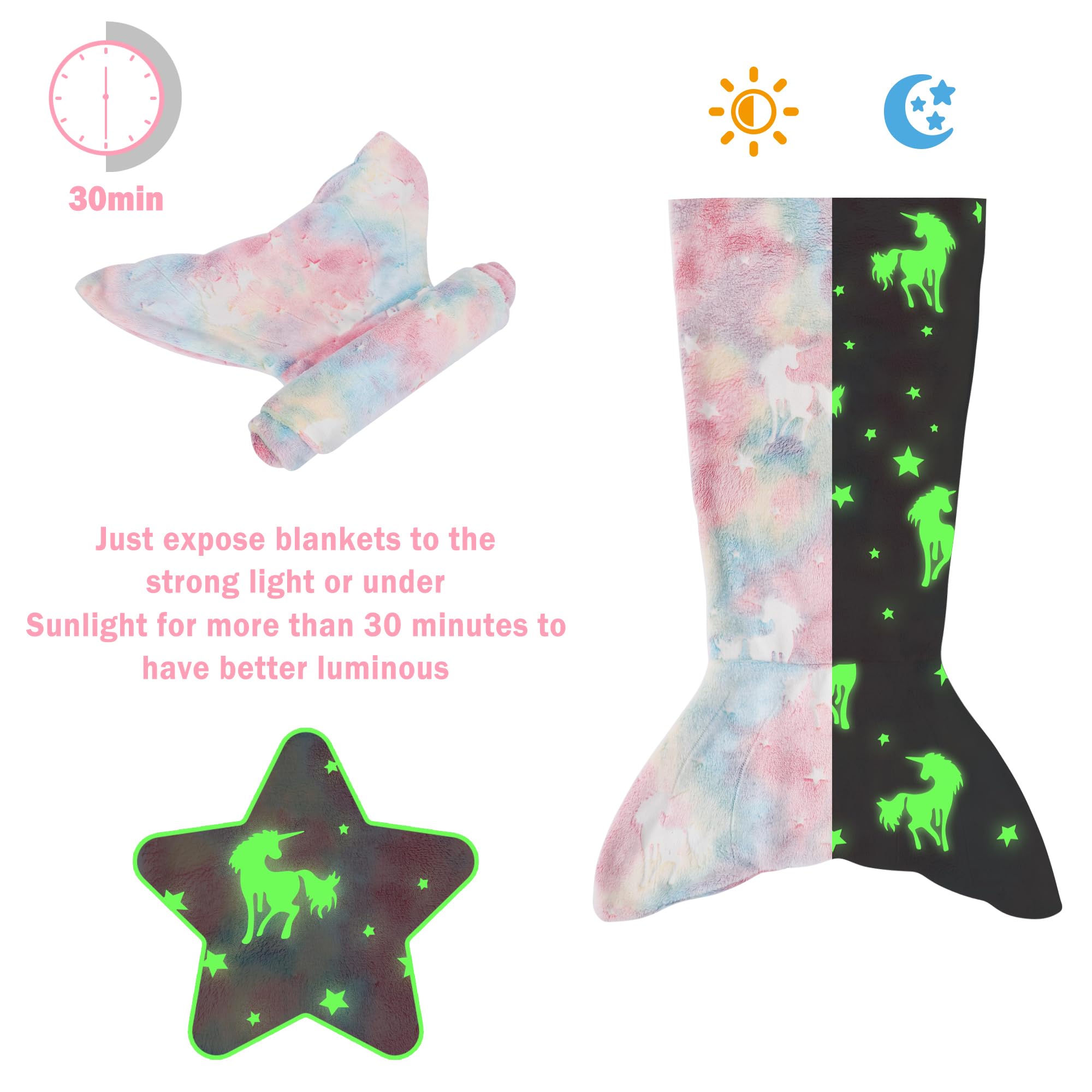 Viviland Queue de sirène phosphorescente pour Enfants – Couverture de sirène en Flanelle – Cadeau pour Filles – Étoile Lumineuse Super Douce Tie Dye Jouets pour Filles – Licorne 43,2 cm 99,1 cm