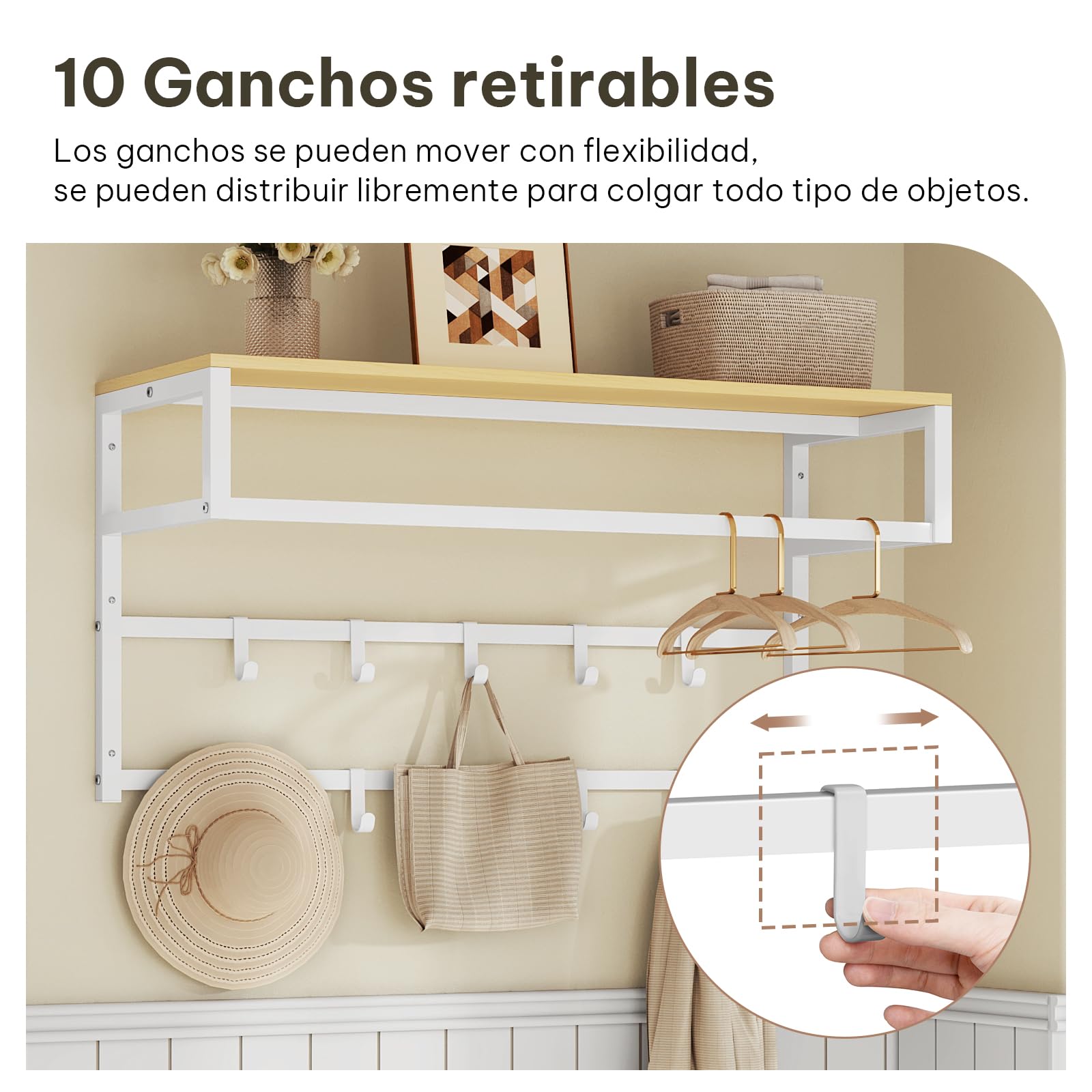 eSituro Perchero de Pared con Estante, Estantería de Pared con 10 Ganchos, Perchero para Colgar Ropa, Toallero Baño, Percha para Salón, Pasillo, Entrada, 80x41x30 cm, Blanco + Madera natural