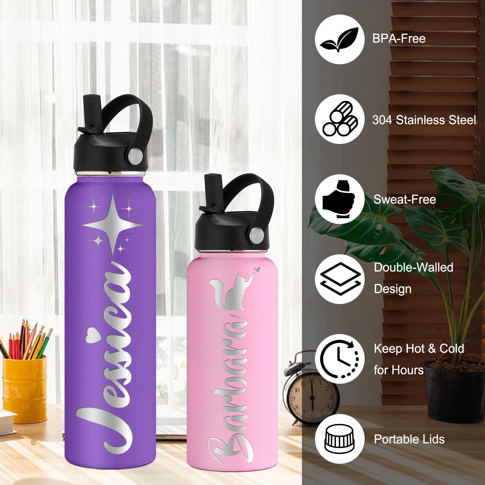 Personalisierte Edelstahl-Trinkflasche Mit Gravur – Isoliert, Mit Strohhalm, In 7 Farben
