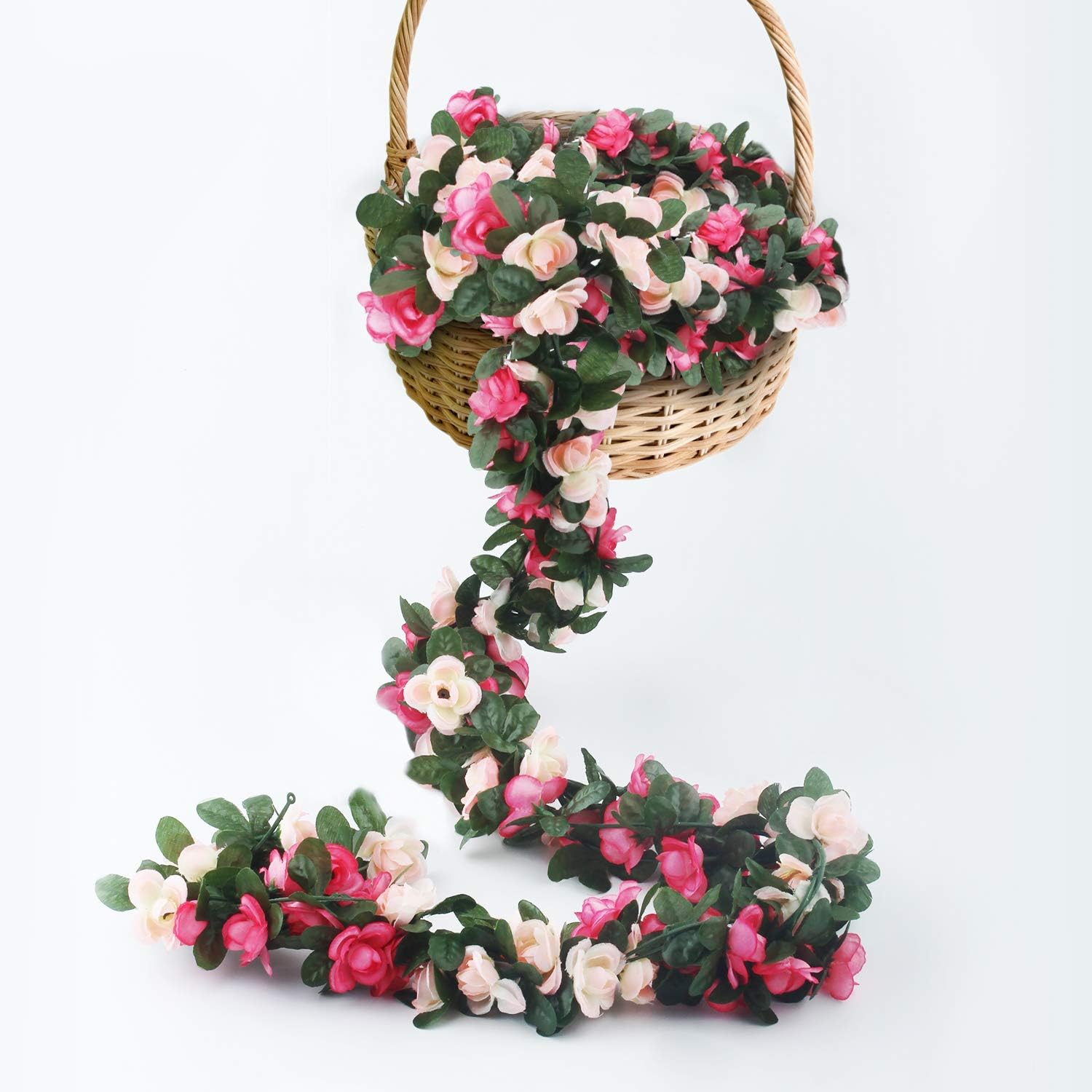 6pcs 49 FT Rose Vine Flowers Garland Plants- BSTC Artificial Fake Rose Vine Flowers Ivy Garlands Hanging Rose Ivy for Wedding Party Garden Wall Decoration Silk Flowers, Pink