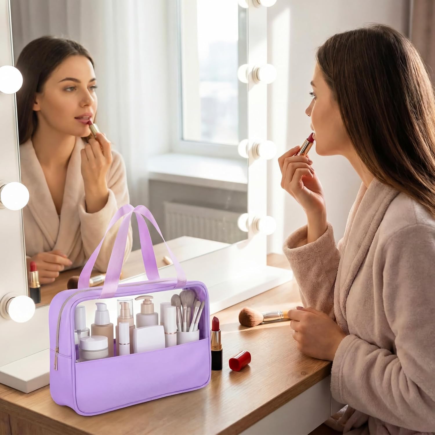 Hillban 8 Pcs Translucent Makeup Bags for Travel Bridesmaid Bag Large Clear Travel Bags with Handle Bulk Preppy Waterproof Toiletry Bag Summer Party Favor Gifts for Letter DIY 12 x 3.54 x 7.8 Inches