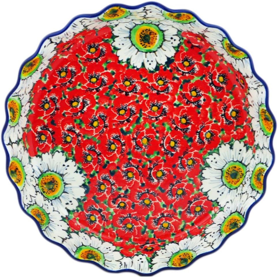 Authentic Polish Pottery Fluted Pie Dish Signature UNIKAT in Sweet Red Petals Design Handmade in Bolesławiec Poland by Ceramika Artystyczna + Certificate of Authenticity, Large