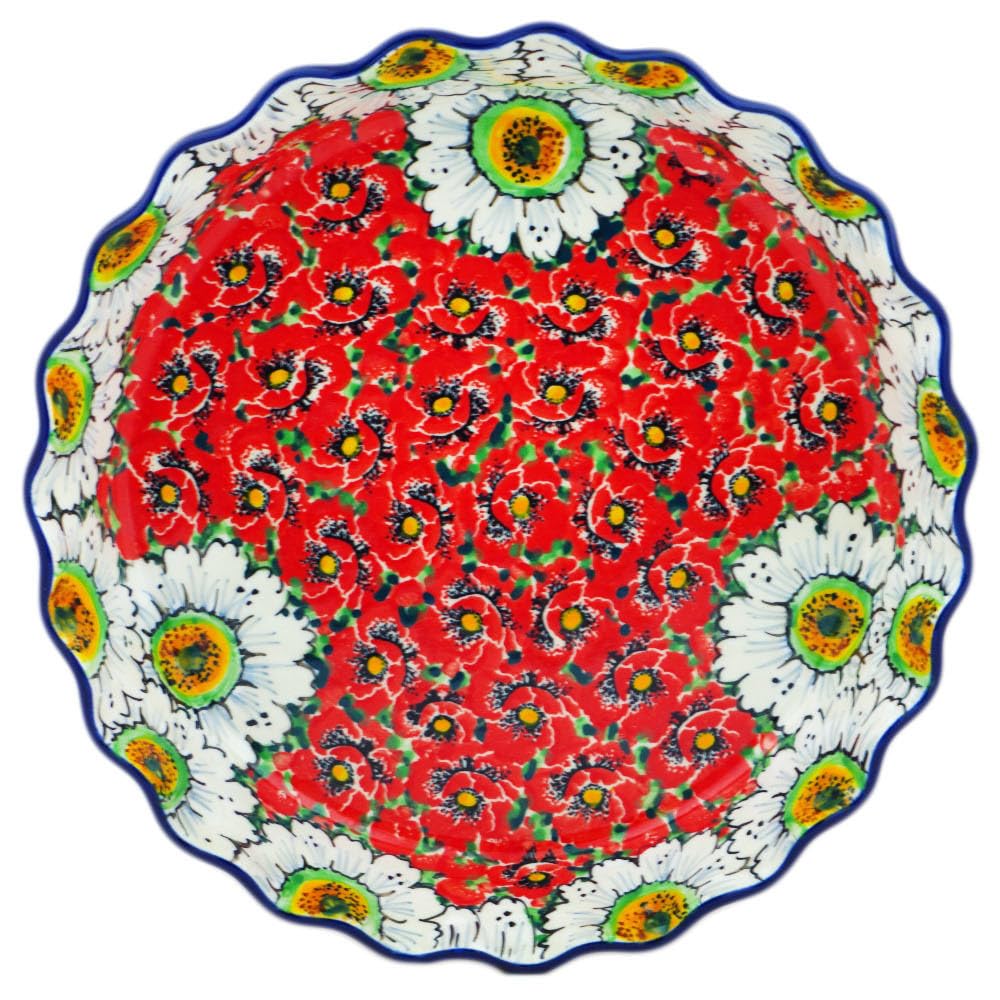 Authentic Polish Pottery Fluted Pie Dish Signature UNIKAT in Sweet Red Petals Design Handmade in Boles?awiec Poland by Ceramika Artystyczna + Certificate of Authenticity