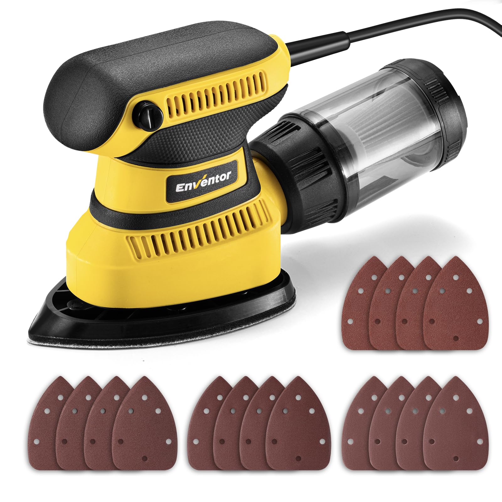 Enventor Levigatrice Mouse 210W, Levigatrice per Legno 15000RPM, 16PCS Carta Vetrata(80, 120, 180, 240), Contenitore Polvere, Levigatrici di Precisione per Levigare e Lucidare Legno e Metallo