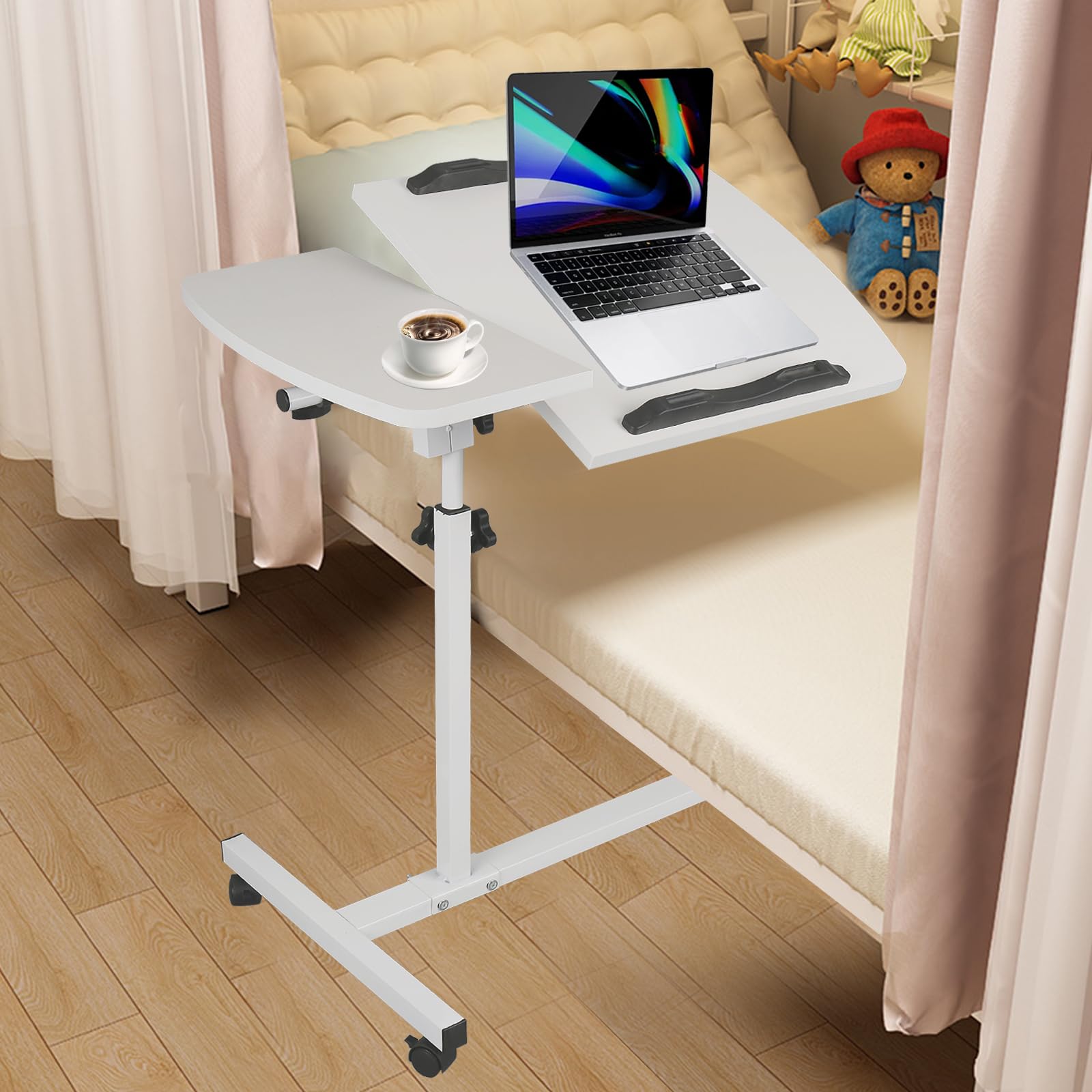 kyaoayo Tavolo da letto regolabile in altezza, tavolo con ruote, tavolino a forma di C, tavolo ospedaliero per letto, ospedali, utilizzabile anche come tavolino da caffè e tavolo per computer.