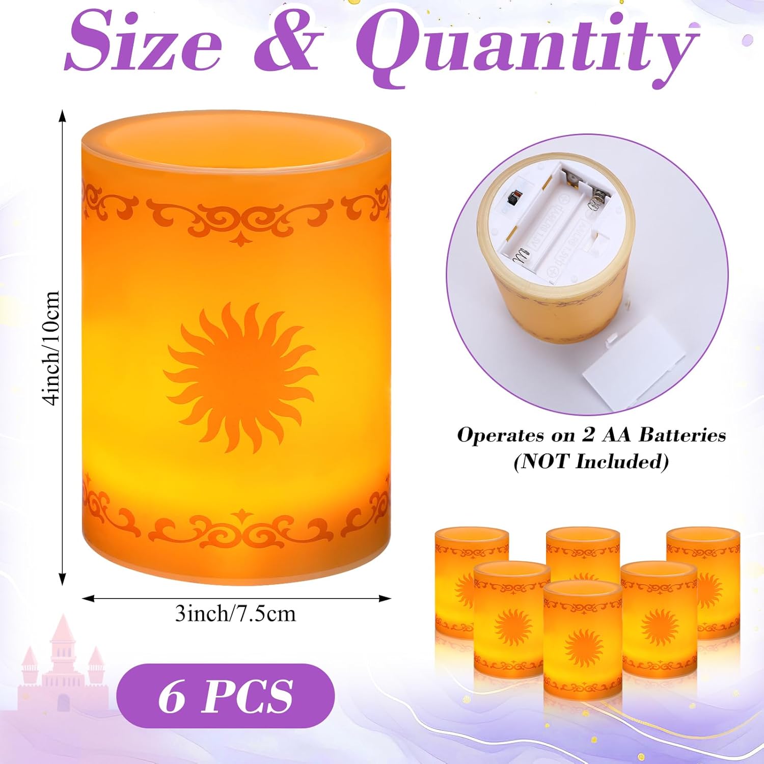 6 Pcs Princess Sun Pattern Candles Light - LED Golden Color Sun Pattern Plastic Flameless Pillar Candle Night Light Decor for Purple Princess Birthday Party Wedding, Battery Not Included