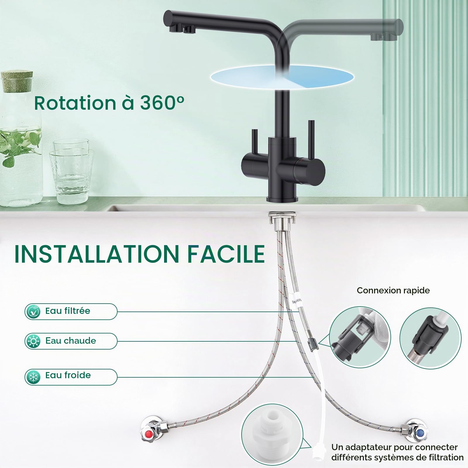 CREA Robinet de Cuisine 3 voies, Robinet d'évier rotatif à 360 °,Mitigeur 3 Voies Cuisine Avec 2 Leviers,3 en 1 Robinet Évier De Cuisine Avec Sortie Eau Filtrée,Noir Mat