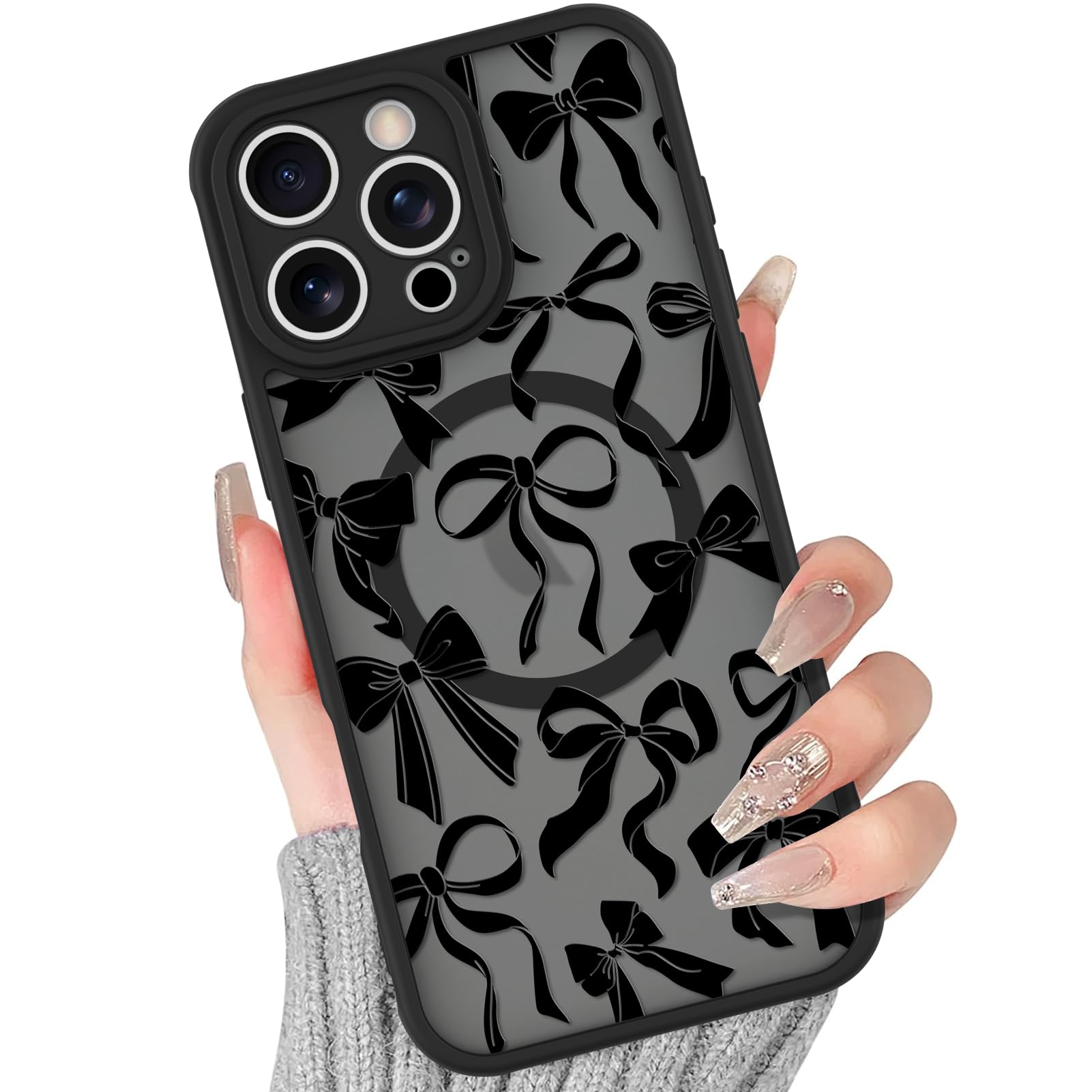 BITOBE Case for iPhone 16 Pro [Compatible with MagSafe] Cute Ribbon Bow Pattern for Women Girls Soft TPU Bumper Translucent Magnetic Slim Protective