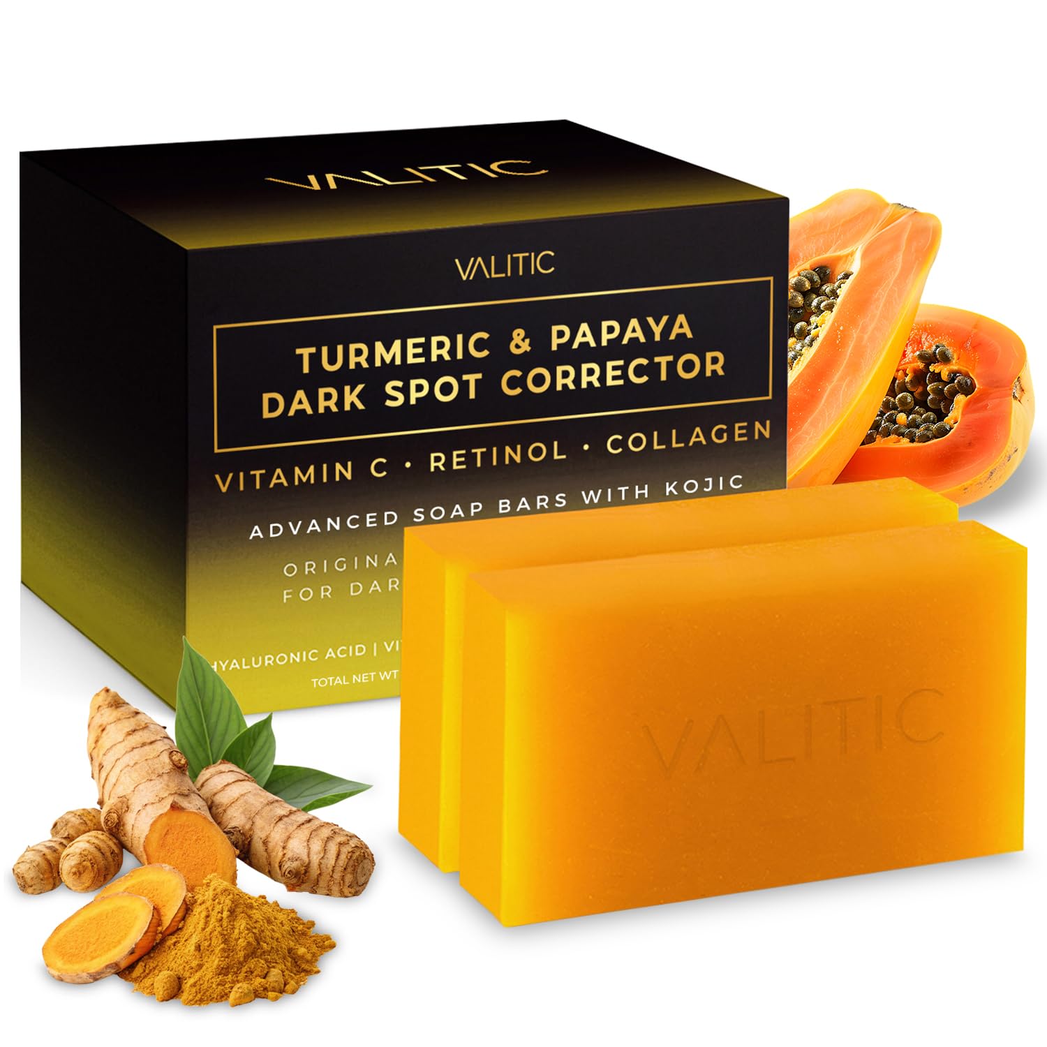 VALITIC Papaya and Turmeric Kojic Acid Soap Bar - Dark Spot Corrector Skin Care Cleansing Bar - Infused with Vitamin C, Hyaluronic Acid, Collagen, Retinol, Olive Oil - 2 Pack