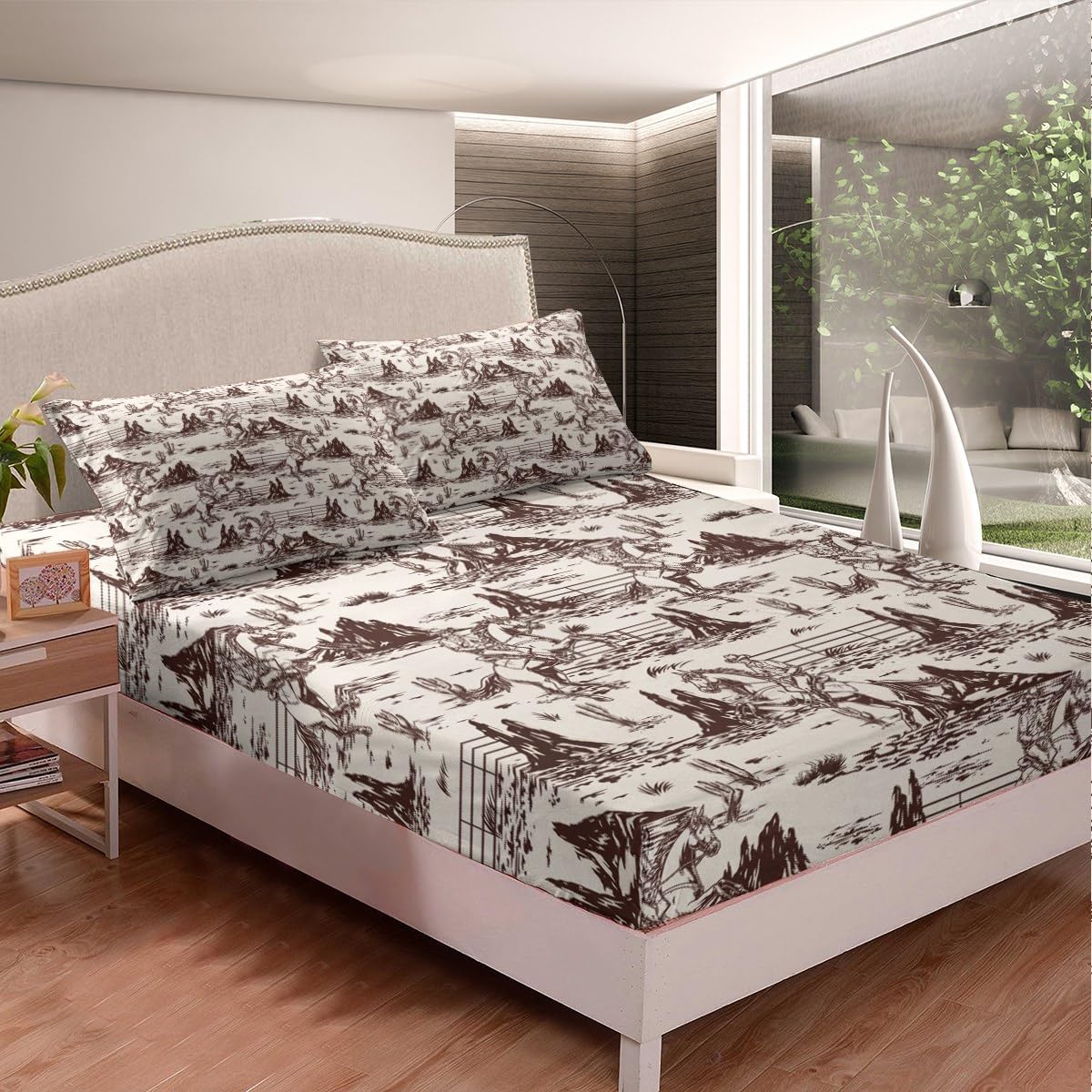 Western Cowboy Boys Fitted Sheet Full Size,Rustic Farmhouse Cowboy Bedding Set,Boys Men Adults Bedroom Decor,Horse Cactus Plants Mountain Bed Cover,Brown Retro Bed Sheet,2 Pillowcases - Image 3