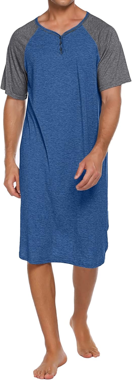 Ekouaer Sleepwear Men's Nightshirt Short Sleeve Pajamas Comfy Big & Tall Henley Sleep Shirt M-XXXL