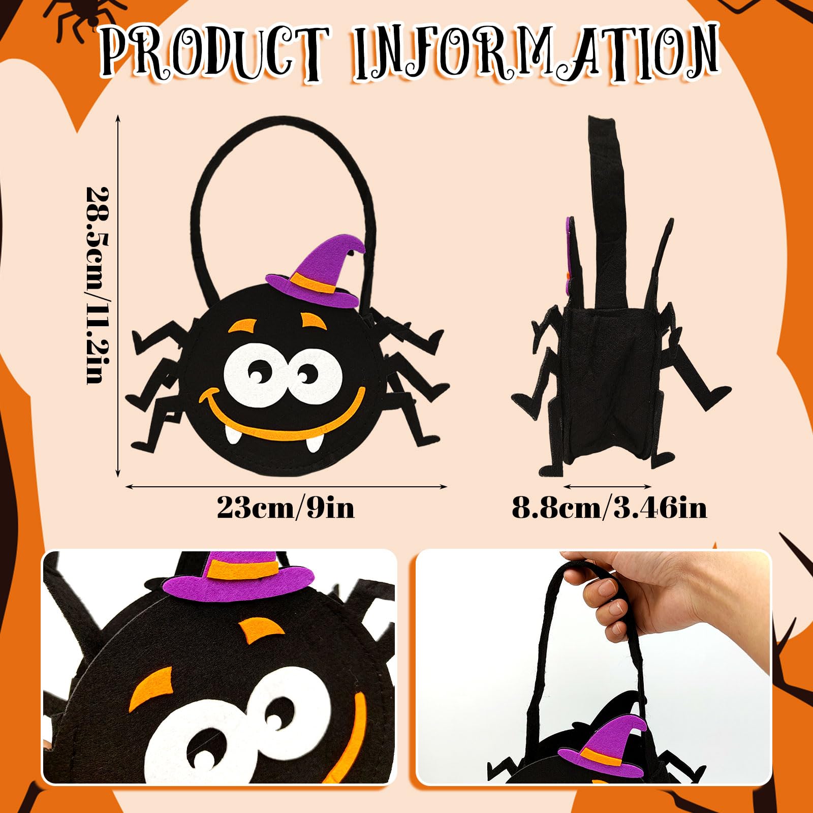 YAUOIPI Halloween Cape Costume Children,Black Pumpkin Cloak Wizard Hat Bat Candy Bag,Suitable for Height 90-150 cm Boys Girls,for Vampires Role Playing Stage Performance Halloween Christmas (Black) - Image 4