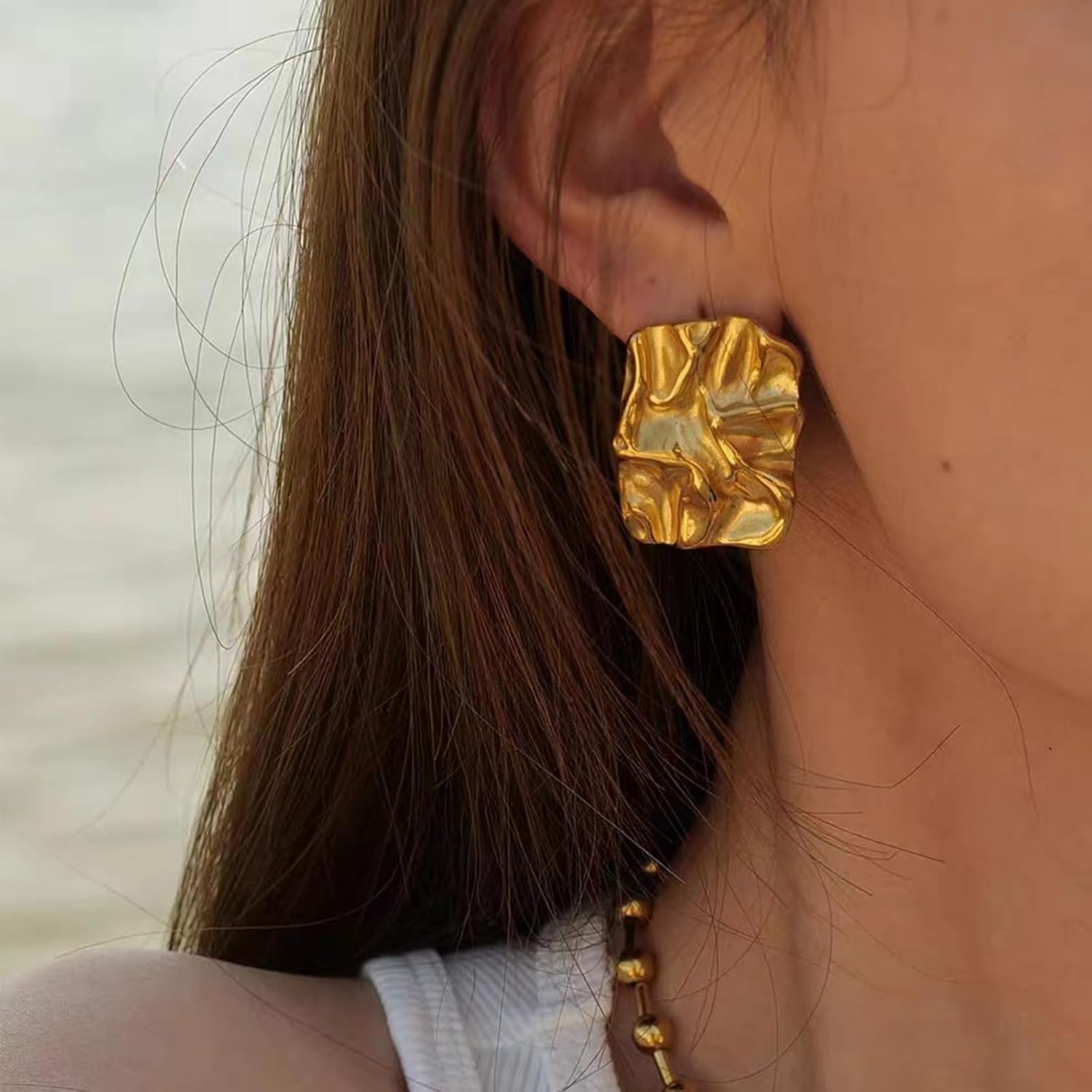 JeanBeau Chunky Gold Large Geometric Textured Stud Earrings for Women, Trendy Statement Irregular Square Lightweight Hypoallergenic Earing Prom Fashion Jewelry Gift - Image 4