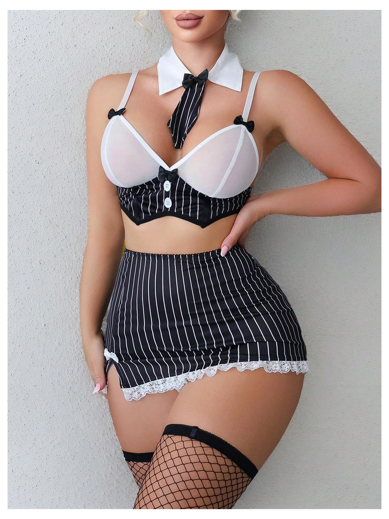 RoseSeek Women's 6 Piece Costumes Sets Striped Lace Bowknot Roleplay Lingerie Set Cosplay Outfits Black and White Medium: Small Black and White