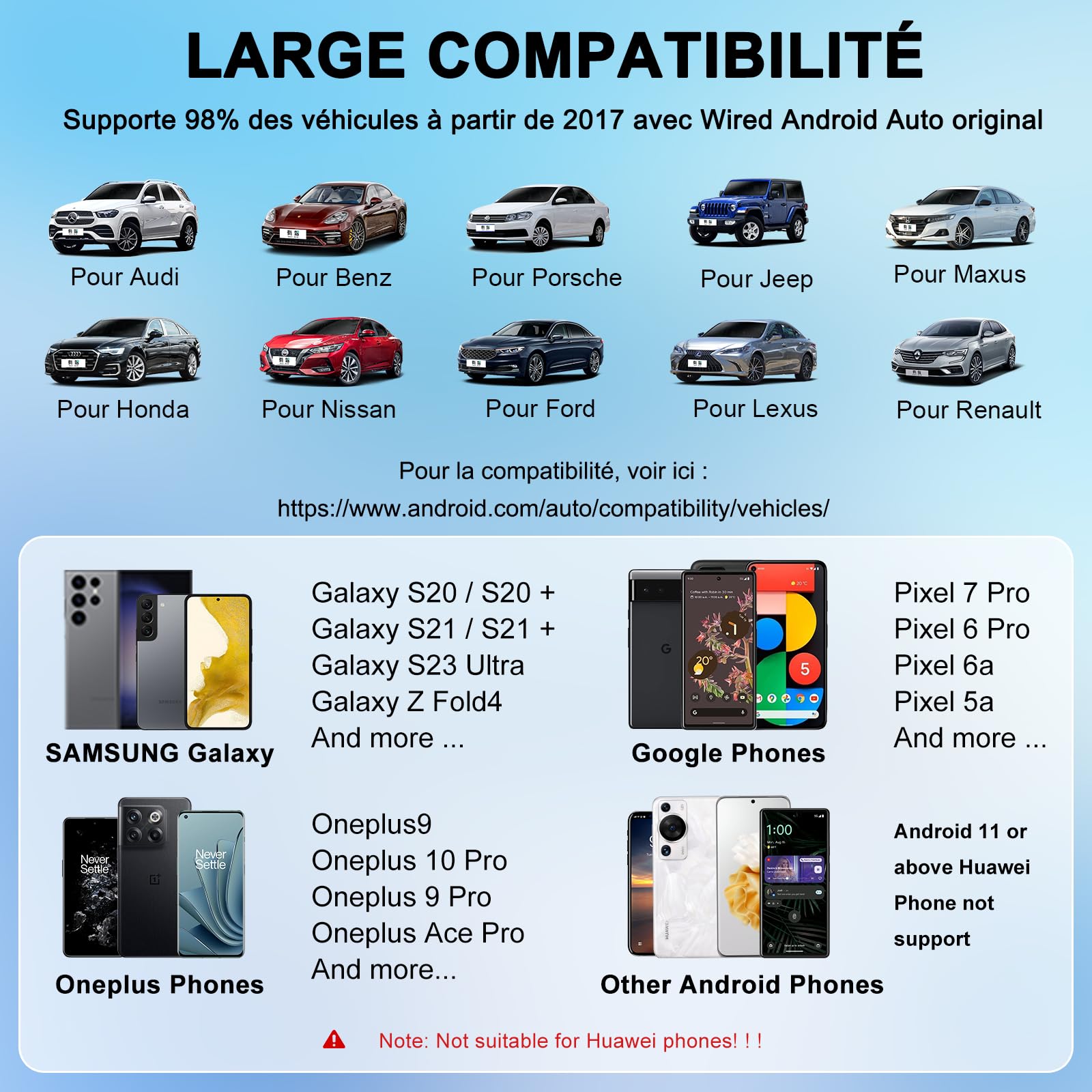 Adaptateur Android Auto sans Fil, Dongle USB pour Autoradio avec OEM Filaire, Wireless Adapter Compatible avec 98% des Voitures avec Android 11 et supérieur