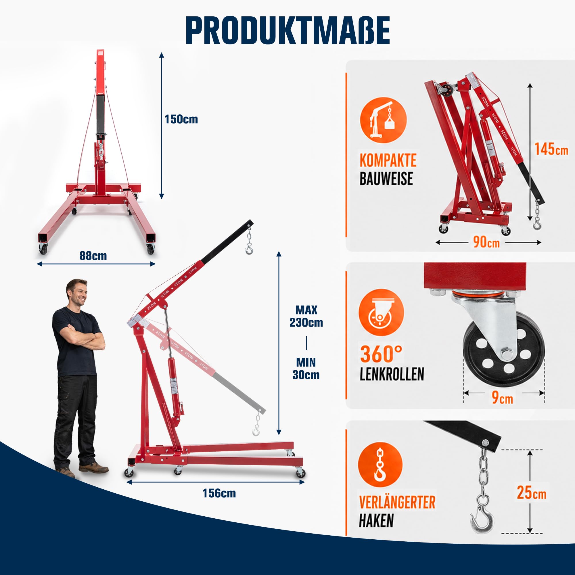 Hydraulik Hebebock 2 Tonnen, Klappbarer Teleskop-Hubwagen Mit 4-Stufen Ausleger (30-230cm), 360° Lenkrollen, Werkstattheber Für Auto-Reparatur, Baustelle, Lager