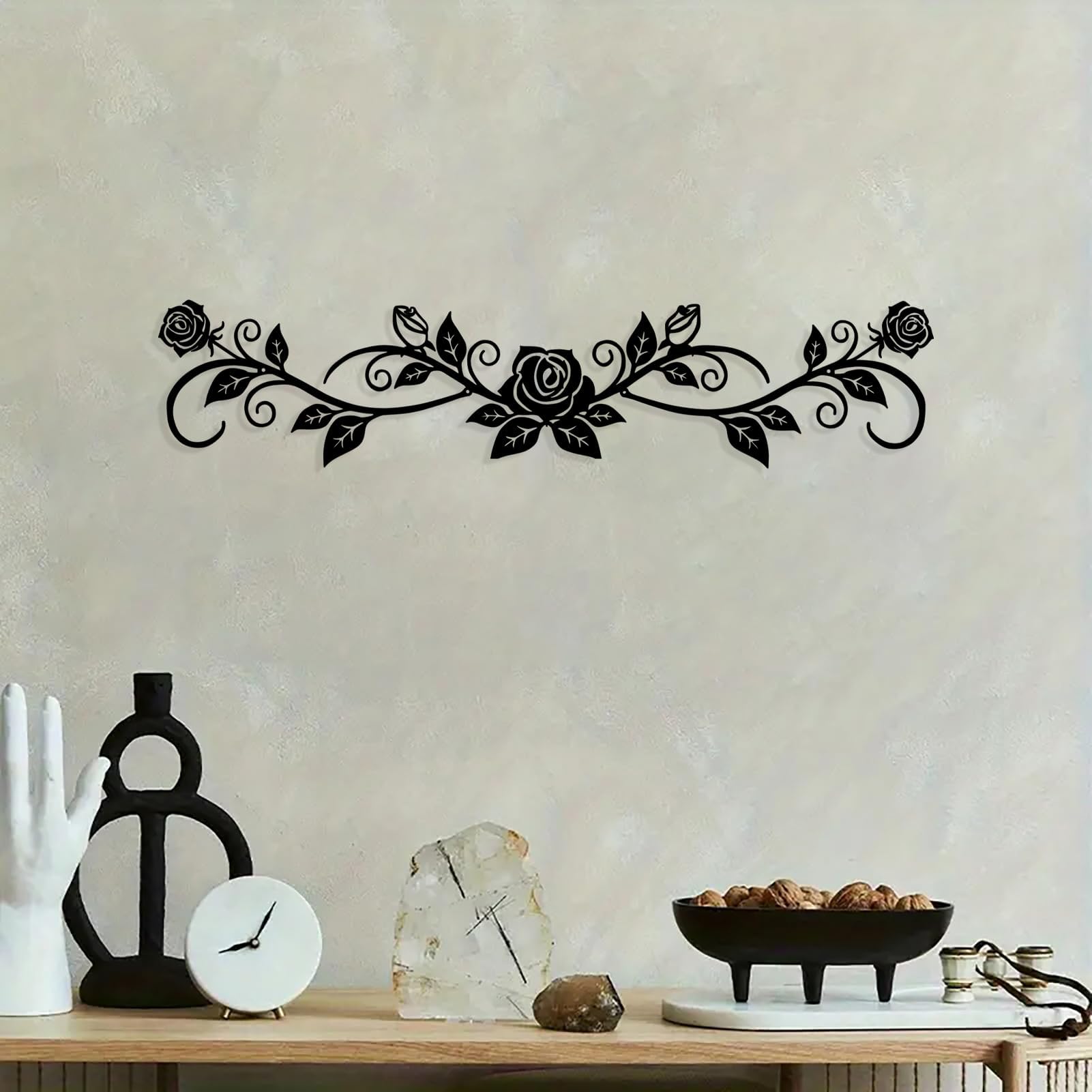 DUOOLN Metal Rose Wall Decor，Long Iron Scroll Vine Wall Art，Rustic Metal Leaf Wall Hanging Sign，Metal Flowers Sculpture for above Door Living Room Office Indoor and Outdoor Decoration-15.7 * 3.42in