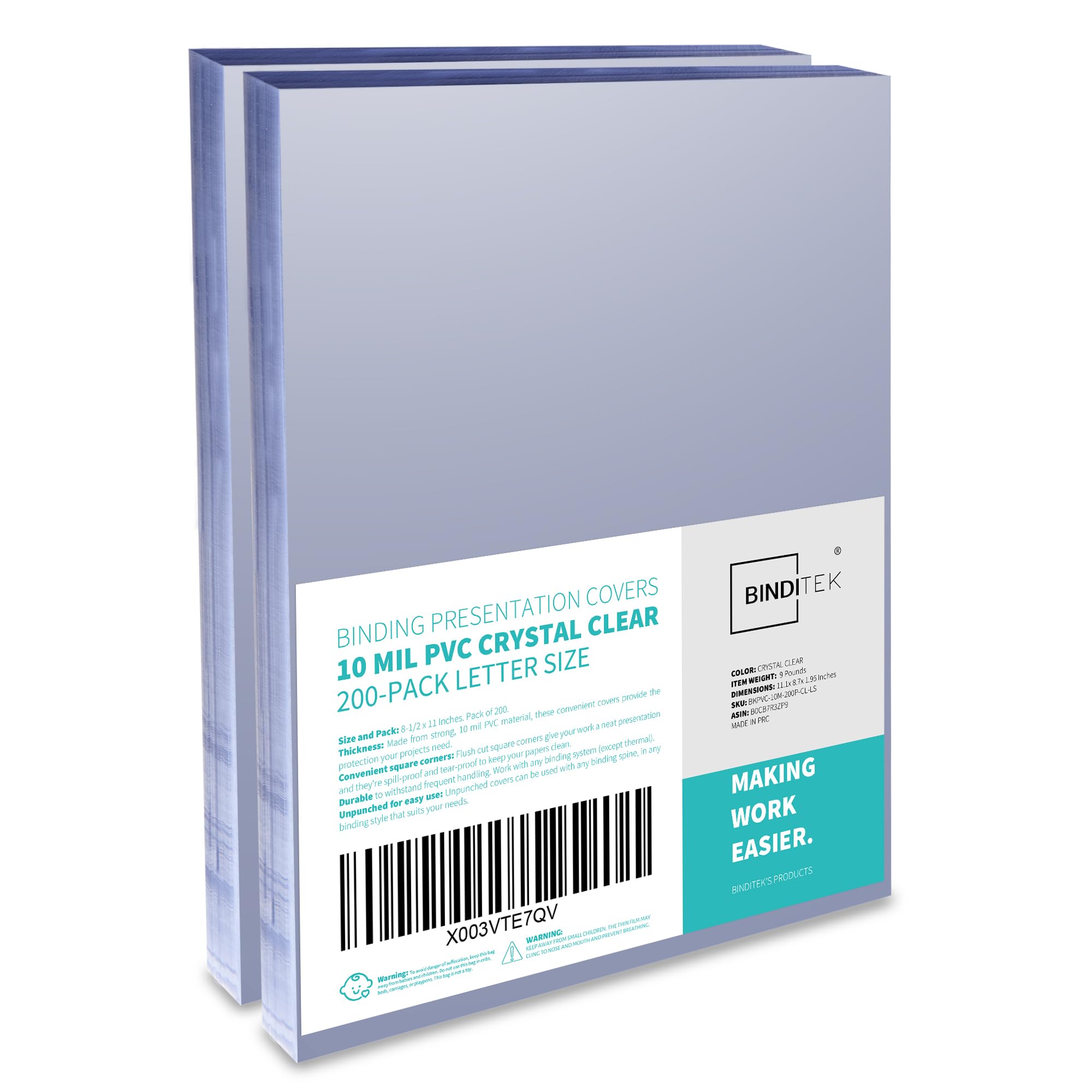 Binditek 10 Mil PVC Binding Covers, 8.5 x 11 Inches, Clear, 200 Pack