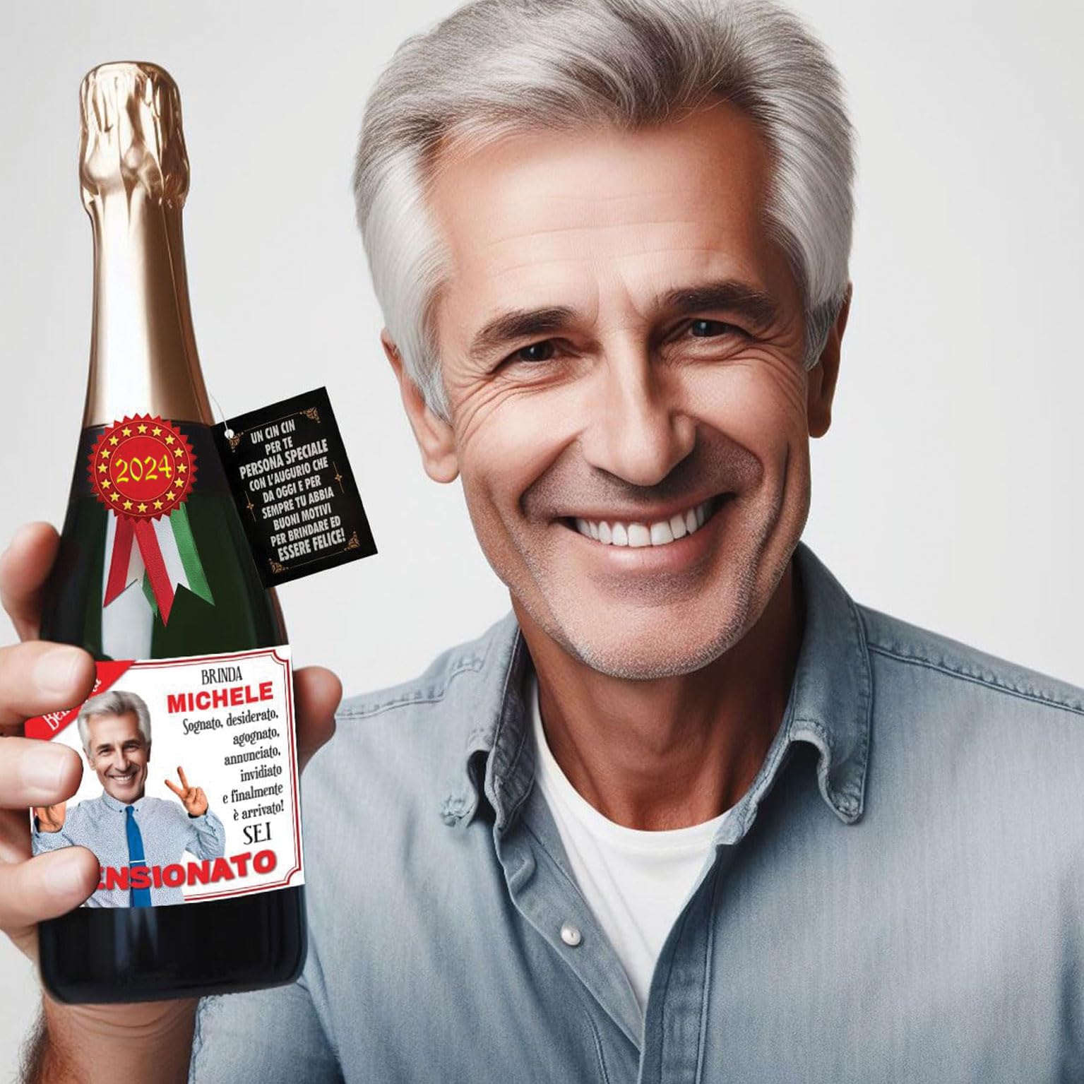 Bottiglia di Vino Prosecco Millesimato personalizzato con foto e nome per la festa di pensionamento del vostr amico