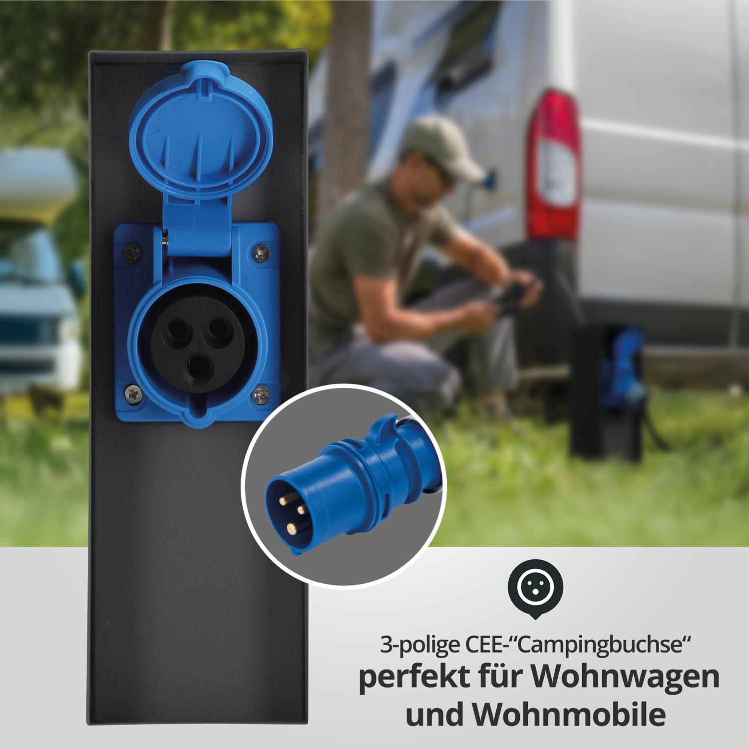 LED Universum - Enchufe de jardín "Karl" columna de corriente exterior de acero inoxidable IP44 antracita con 2 enchufes de protección de contacto y 1 enchufe CEE para campistas, autocaravanas