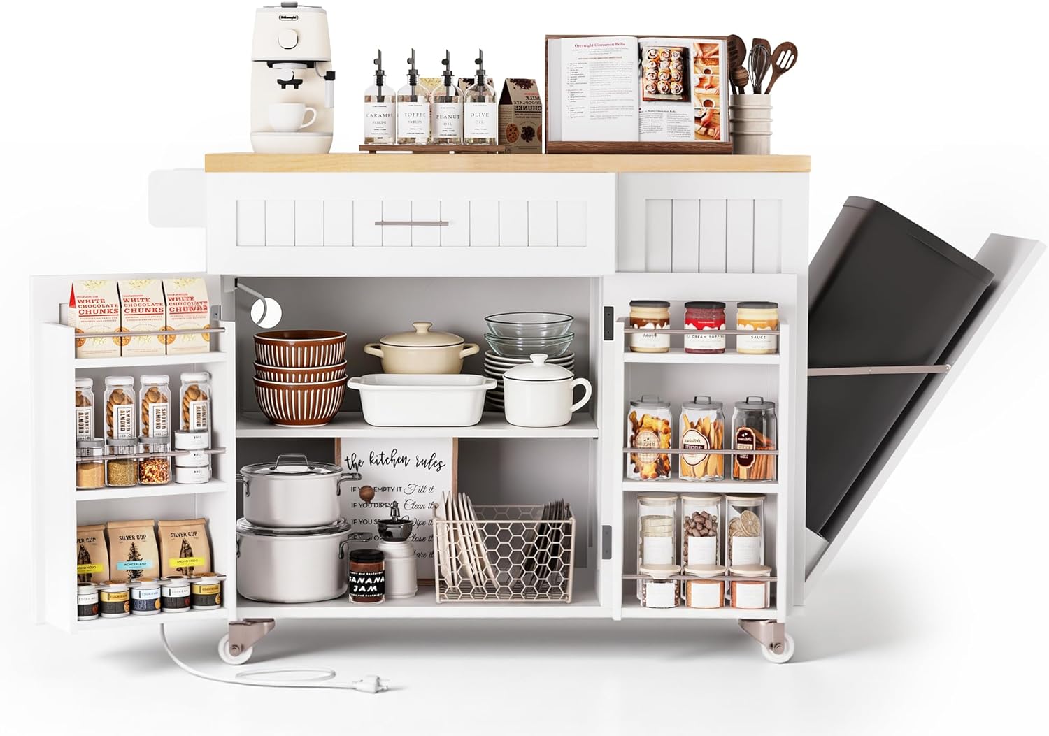 Kitchen Island with Outlet, Rolling Kitchen Cart Storage on Wheels with Drop Leaf, Trash Can Area, Spice Rack, Towel Bar, Adjustable Shelf, Drawer, Mobile Island Table for Kitchen