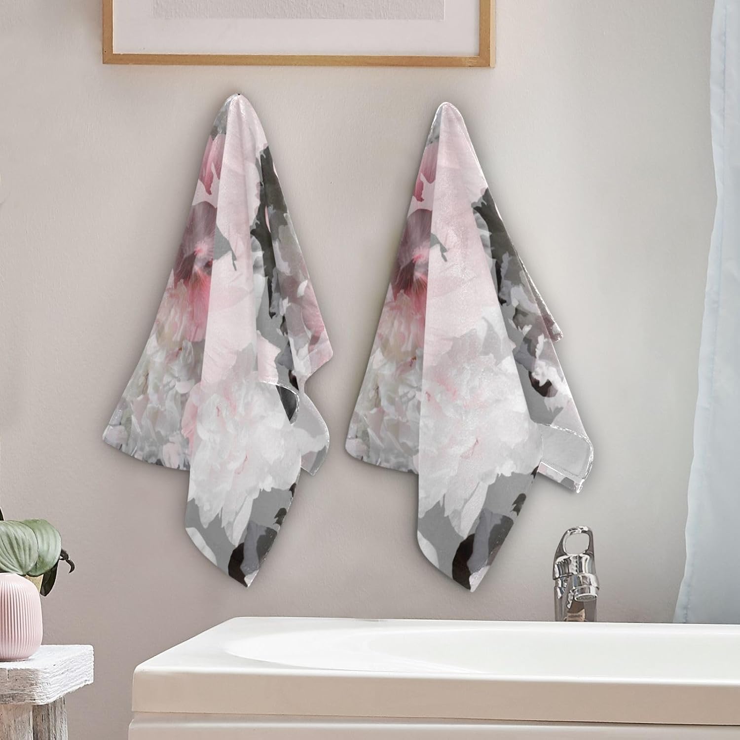 2 Pack Watercolor Pink Grey Floral Hand Towels for Bathroom,Soft Absorbent Spring Peony Blossom Gray Decorative Guest Face Bathroom Towels,Quick Dry Abstract Flower Kitchen Towels 14"x28" - Image 3