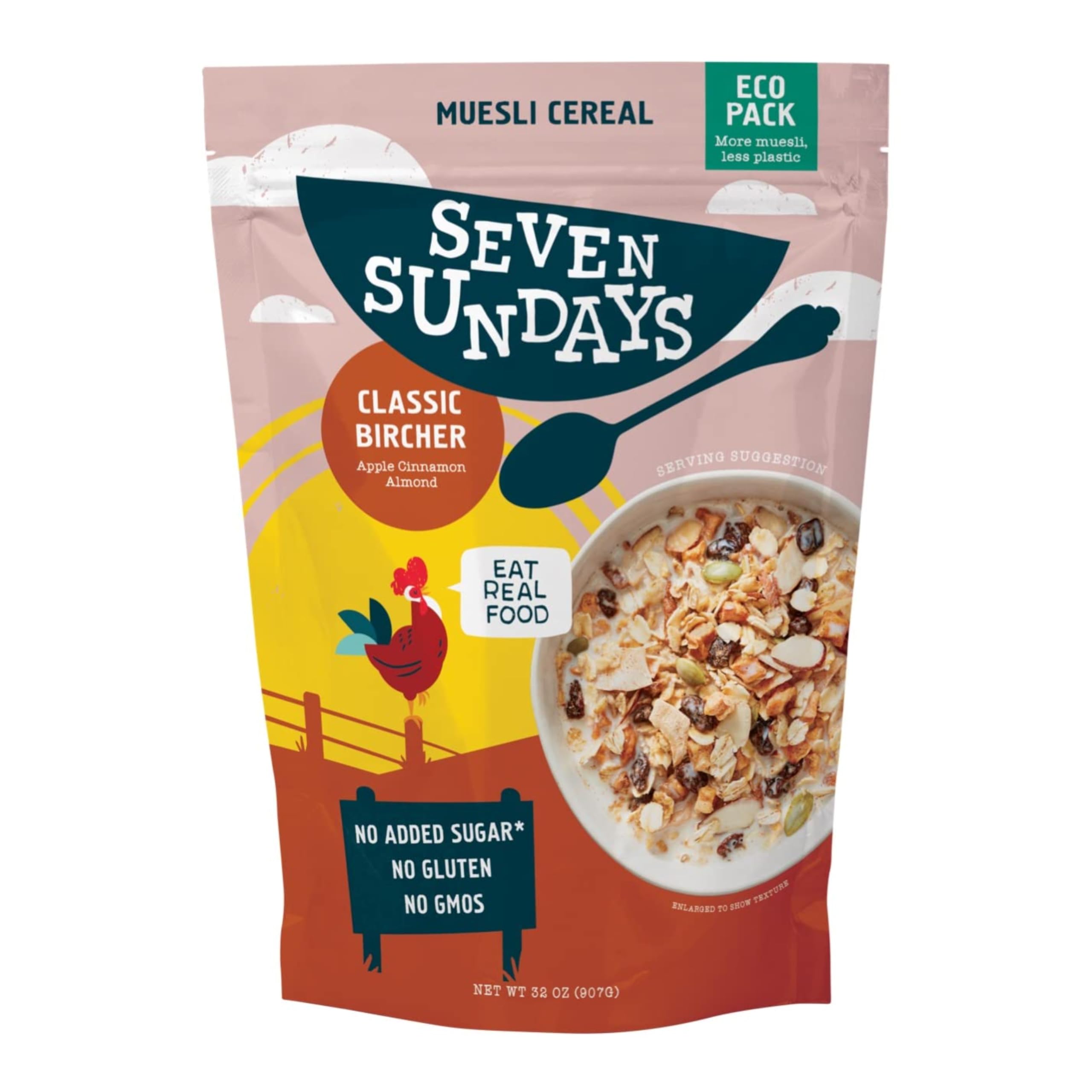 Seven Sundays Classic Bircher Apple Cinnamon Almond Muesli Cereal - 32 Oz Eco Pouch - Certified Gluten Free Muesli - Non GMO, No Refined Sugar and Kosher