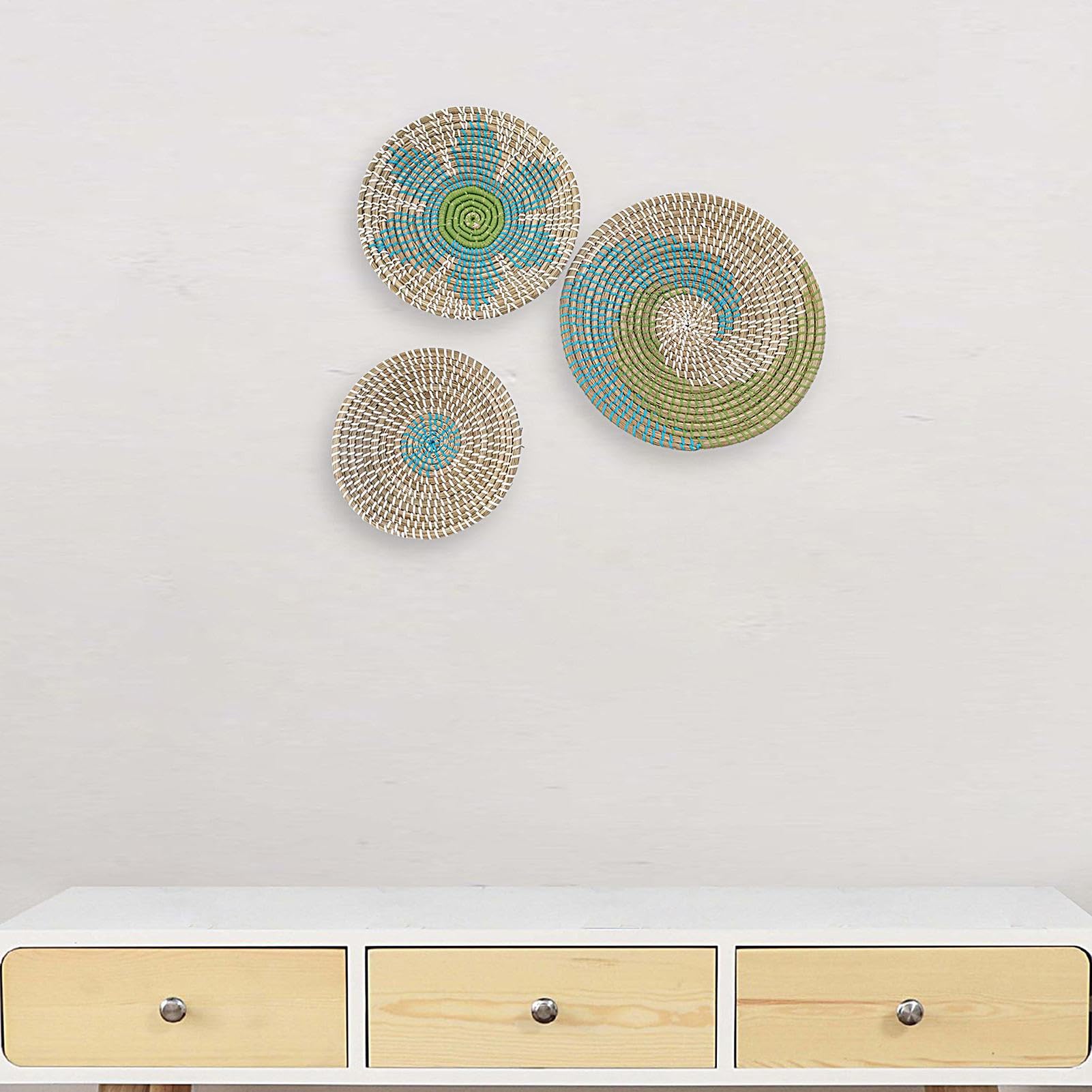 Juego de cestas de pared hechas a mano – Obras de arte bohemias redondas de mimbre – 3 piezas de artesanía ecológica de algas marinas | acento rústico vintage de pared para granja, casa de campo