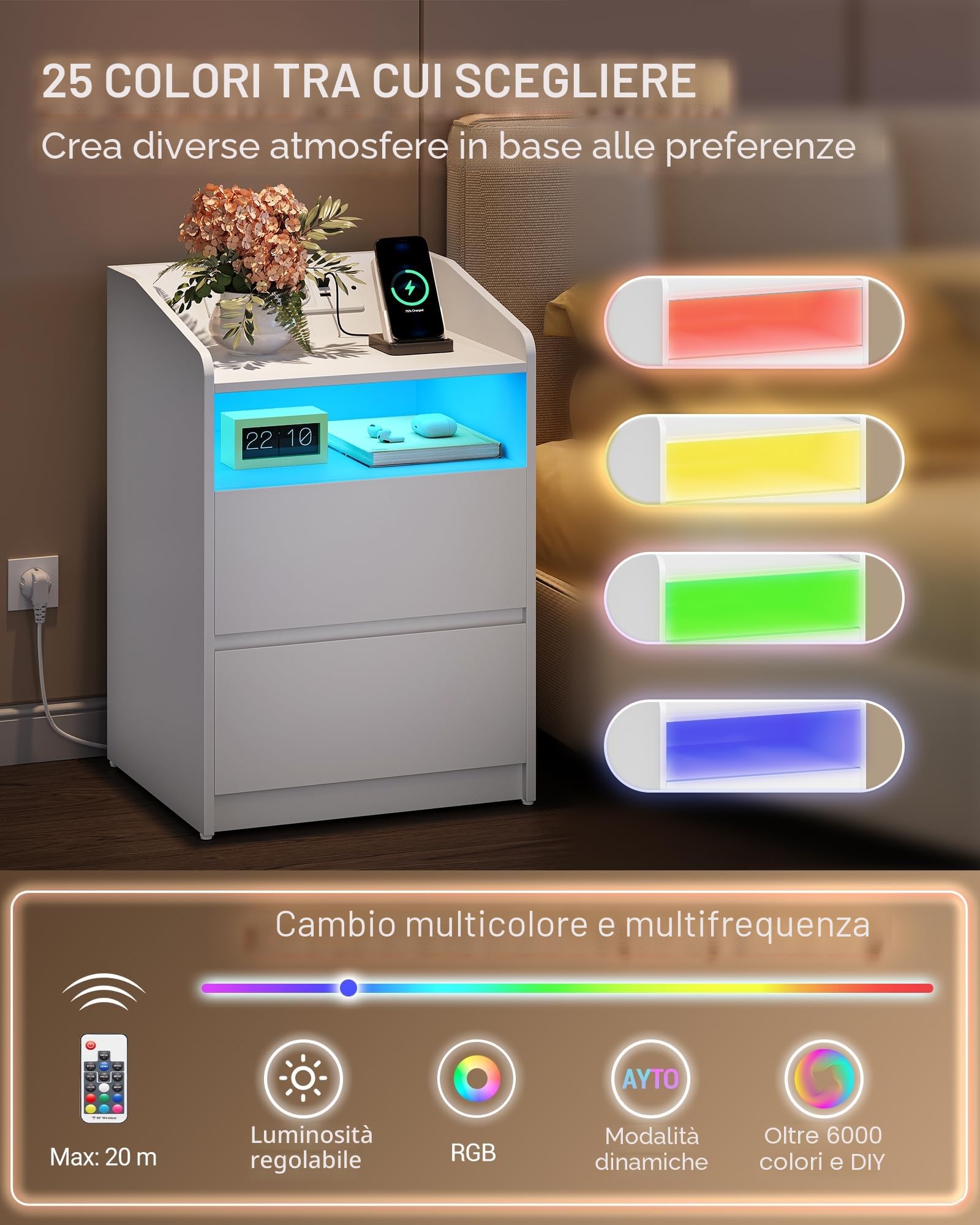 Hzuaneri Comodino Set di 2, 2 Cassetti, Luce LED, Presa Elettrica, Bianco | 1 Vano Aperto, Comodini Camera da Letto, 2 Prese AC, 2 Porte USB, 35 x 40 x 58 cm, NS60103XEU
