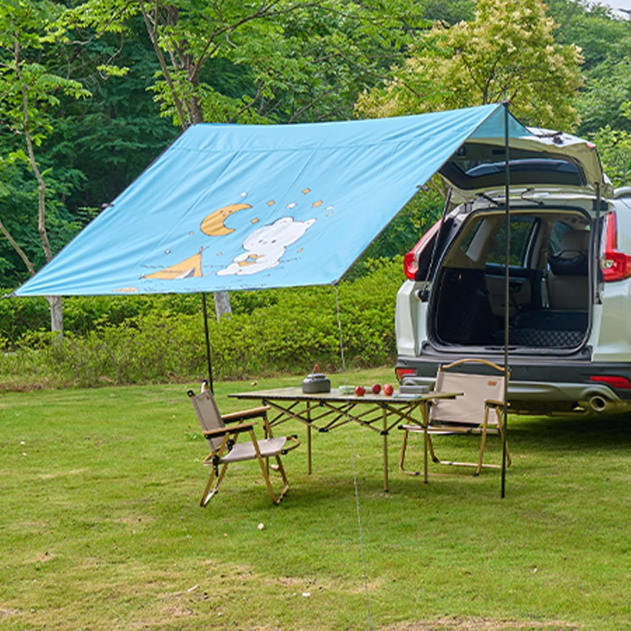 Blueshyhall Waterproof Camper Trailer Tent Roof Top Car Shelter, Awning Anti-Sun and Rainproof for Outdoor Camping Travel Picnic Fishing Beach, Cute White Bear Patten