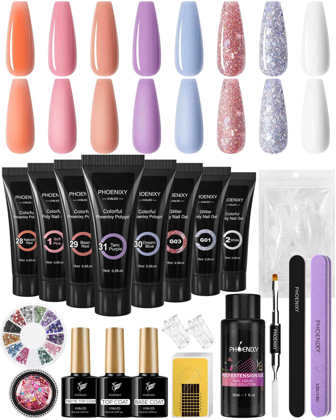 Phoenixy Kit Gel de Extensión de Uñas 8 Colores Kit Uñas de Gel con Base Top Coat Brillante y Mate Uñas Postizas Kit Manucure para Principiantes con Azul y Morado