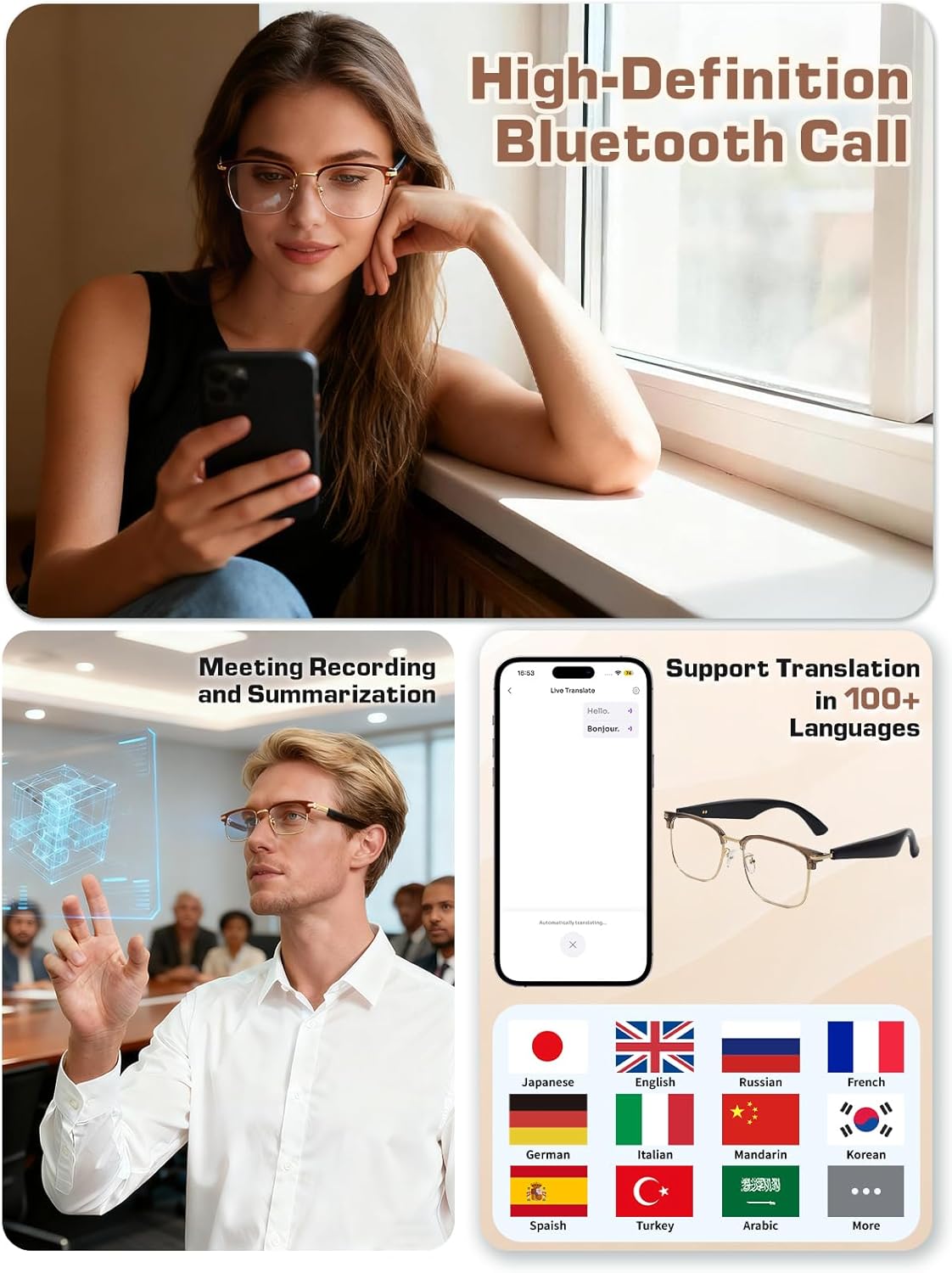 Bluetooth Glasses for Women & Men, AI Smart Glasses with Translation Open-Ear Speaker Blue Light Blocking Lenses Audio with Bluetooth Speakers for Driving, Travel, Work