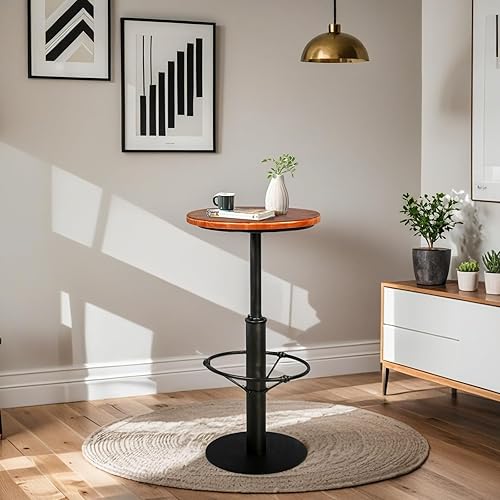 Miniatura 5 de Mesa de bar industrial vintage de 42 pulgadas de alto, barra de metal redonda con parte superior de madera, mesa de pub para cocina, comedor, mesa