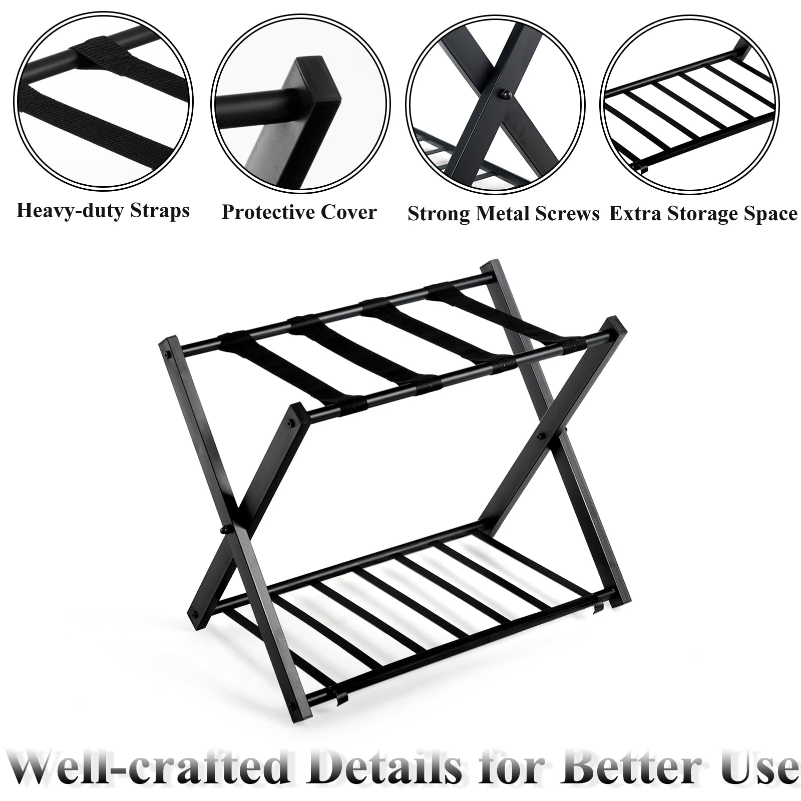 HOMASIS klappbar Kofferständer Kofferablage, 2 Ebenen Kofferhocker, Kofferbock aus Metall, Gepäckablage für Koffer & Schuhe, Kofferhalter für Hotelzimmer Flur & Wohnzimmer, 68x43x56cm (1, Schwarz)