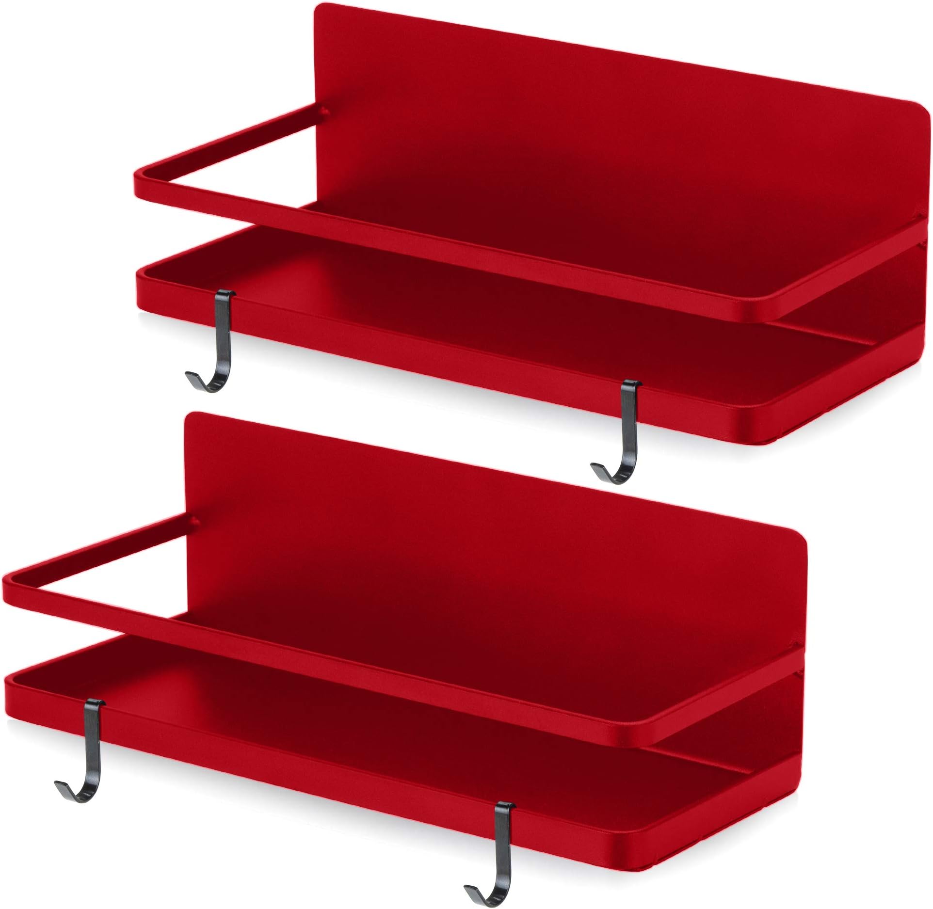 2 Pack - Magnetic Spice Rack, Fridge Organizer Shelf, Side Wall Refrigerator Storage for Spices, Utensils or Plates, Works as Towel Holder with Hooks, Organization for Home and Kitchen (Red)