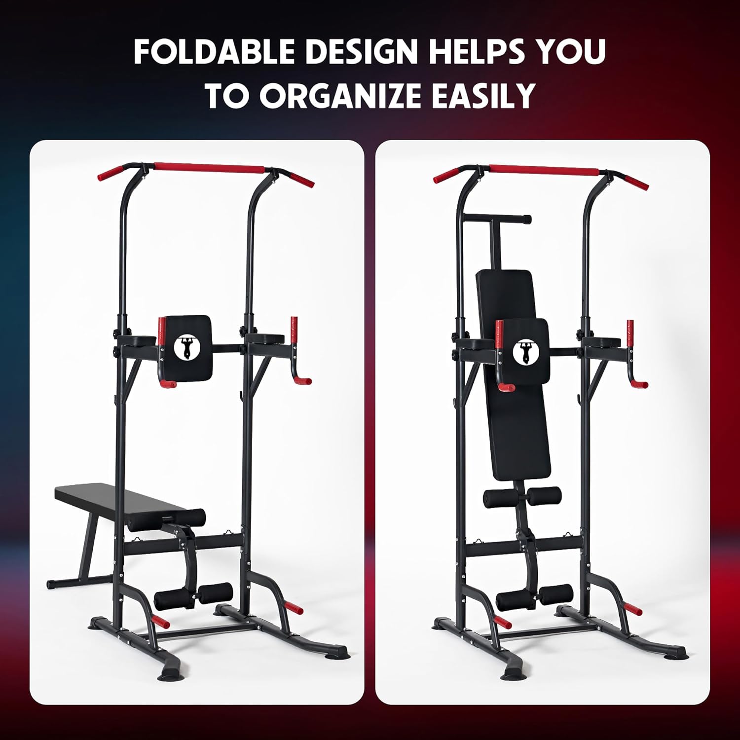 SogesPower Power Tower Pull Up Bar Station Multi-Function Adjustable Height Workout Dip Station Strength Training Equipment for Home Gym Fitness Equipment with Folding Multi-purpose Dumbbell Bench 330LBS