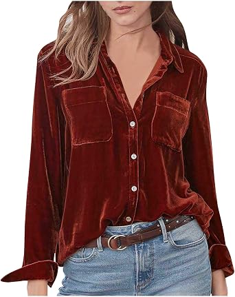 Tops for Women Lapel V Neck Solid Shirt Summer Velvet Tee Shirts Casual Roll Up Short Sleeve Button Down Blouses