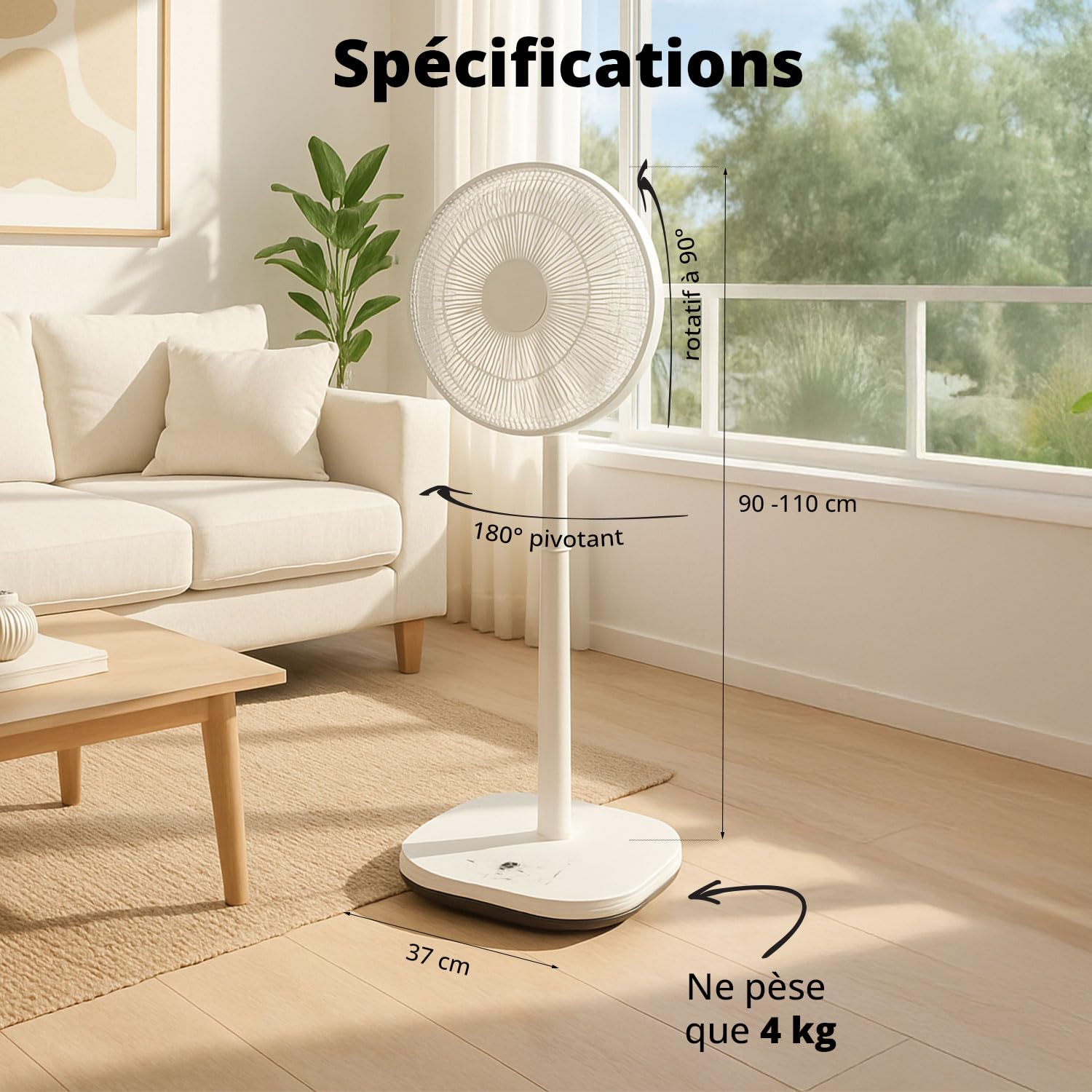 FLINQ Ventilateur sur Pied Silencieux - Ventilateur Colonne 180° Oscillation - 12 Vitesses - App & Télécommande - Ventilateur Puissant Chambre - Blanc