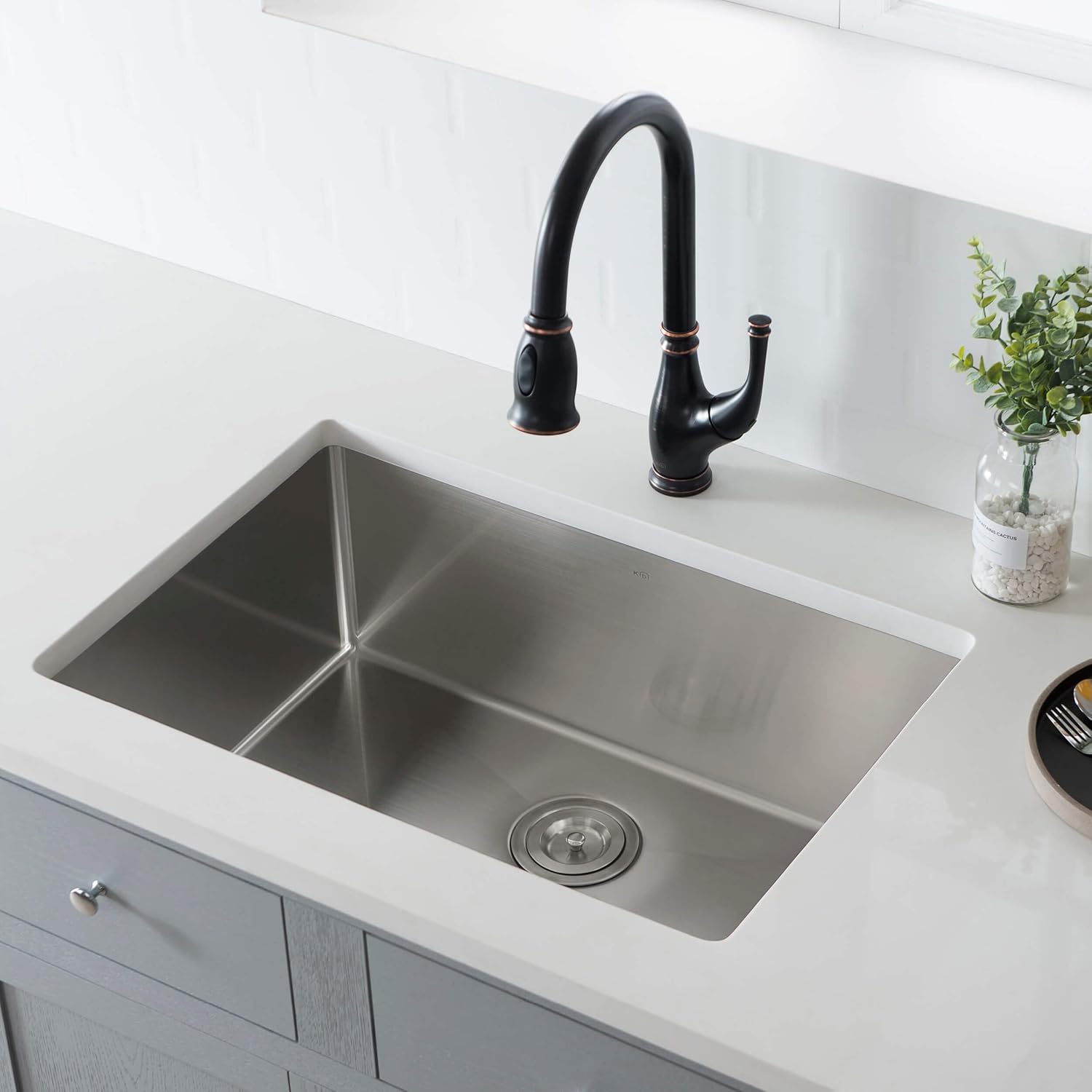 KIBI 26″ Undermount Stainless Steel Kitchen Sink Single Bowl Workstation, Handcrafted | 16-Gauge 304 Stainless, Deep 10″ Bowls, Bottom Grid & Basket Strainer Included | Modern Undercounter Prep Sink